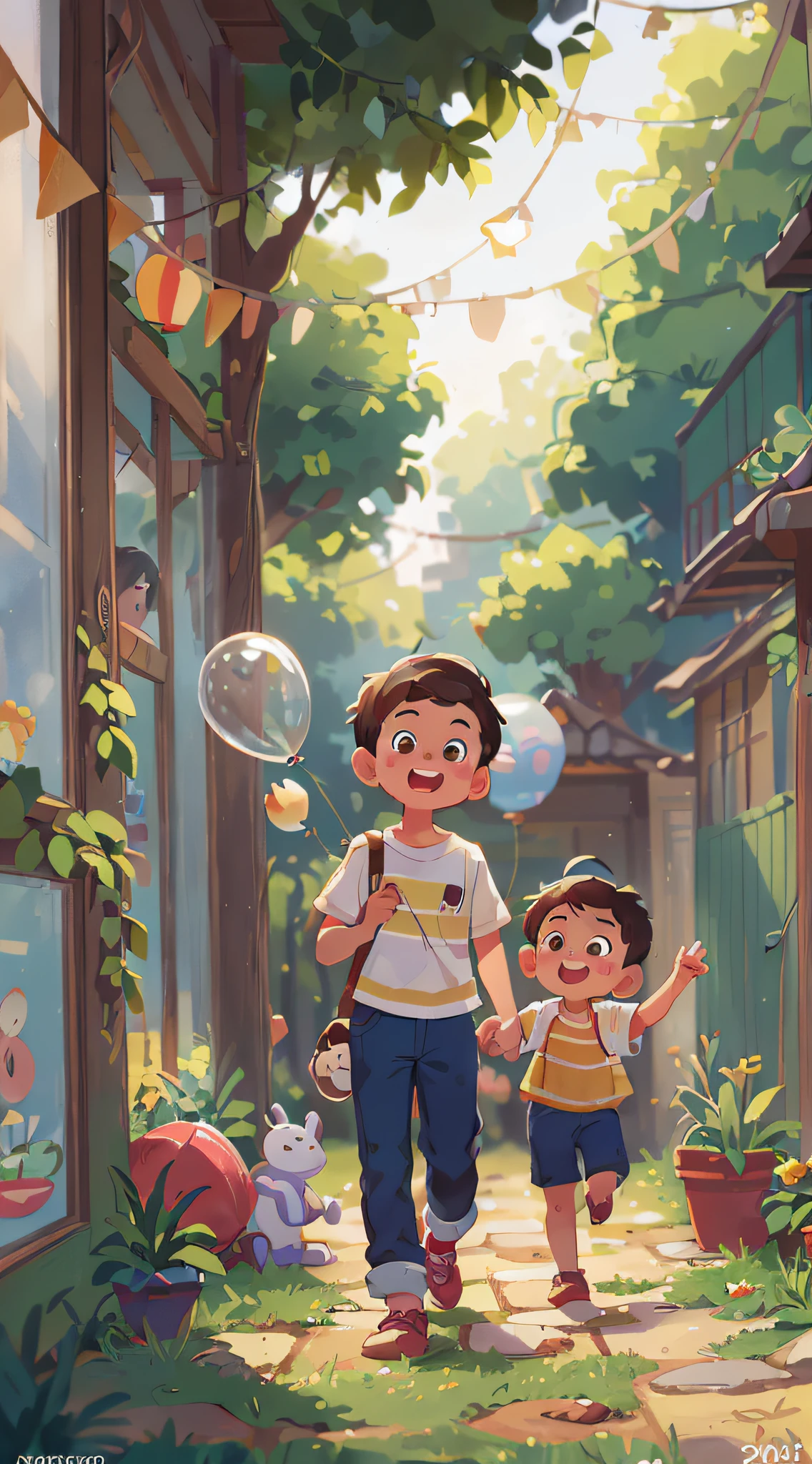 A boy, zoo, many balloons, happy, happy, perfect quality, clear focus (clutter - home: 0.8), (masterpiece: 1.2) (realistic: 1.2) (bokeh) (best quality) (detailed skin: 1.3) (complex details) (8K) (detail eyes) (sharp focus), (happy) full body, two children, clean background, long view composition, 85MM SHOT