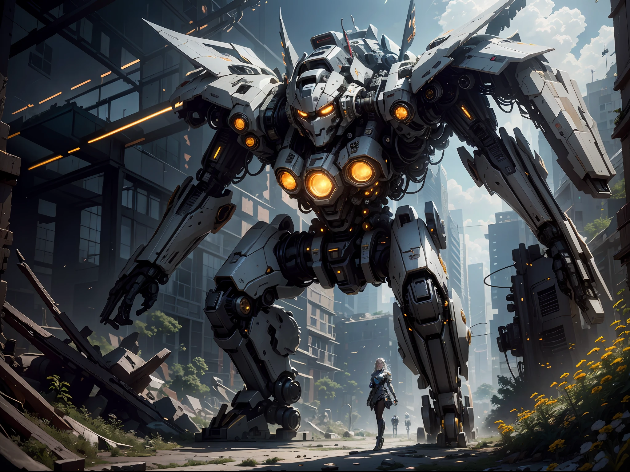((Best Quality)), ((Masterpiece)), (Very Detailed: 1.3), 3D, Shitu-mecha, Beautiful cyberpunk woman wearing crown with her mecha in ruins of a city in forgotten war, long silver hair, sci-fi technology, HDR (High Dynamic Range), ray tracing, nvidia RTX, super resolution, unreal 5, subsurface scattering, PBR texture, post-processing, anisotropic filtering, depth of field, maximum sharpness and sharpness, multi-layered texture, Albedo and specular mapping, surface shading, accurate simulation of light-material interactions, perfect ratios, octane rendering, duotone lighting, low ISO, white balance, rule of thirds, wide aperture, 8K RAW, high efficiency sub-pixels, subpixel convolution, luminous particles, light scattering, Tyndall effect