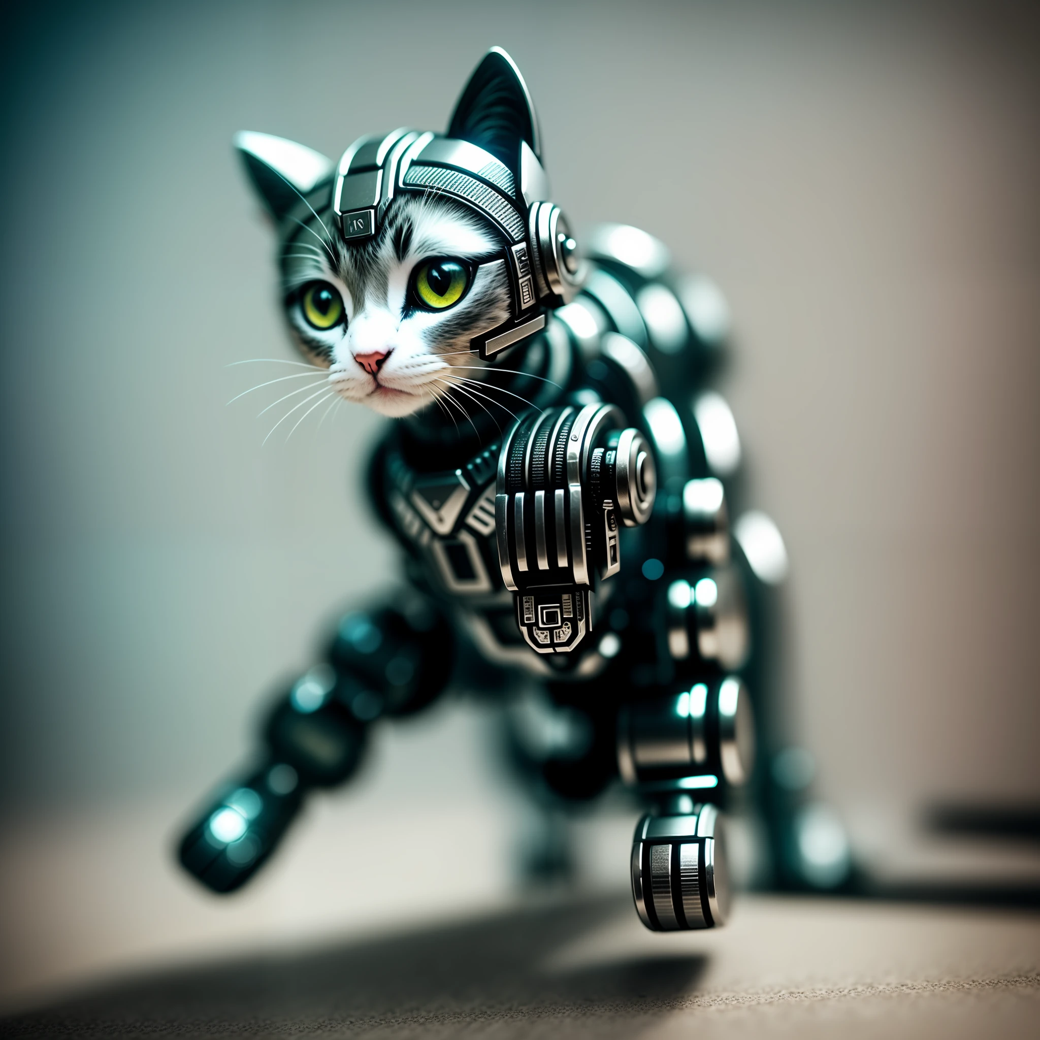 cute kitten made of metal, (cyborg: 1.1), ([tail | detailed wire]: 1.3), (complex detail), HDR, (complex detail, super detail: 1.2), cinematic shot, vignette, center