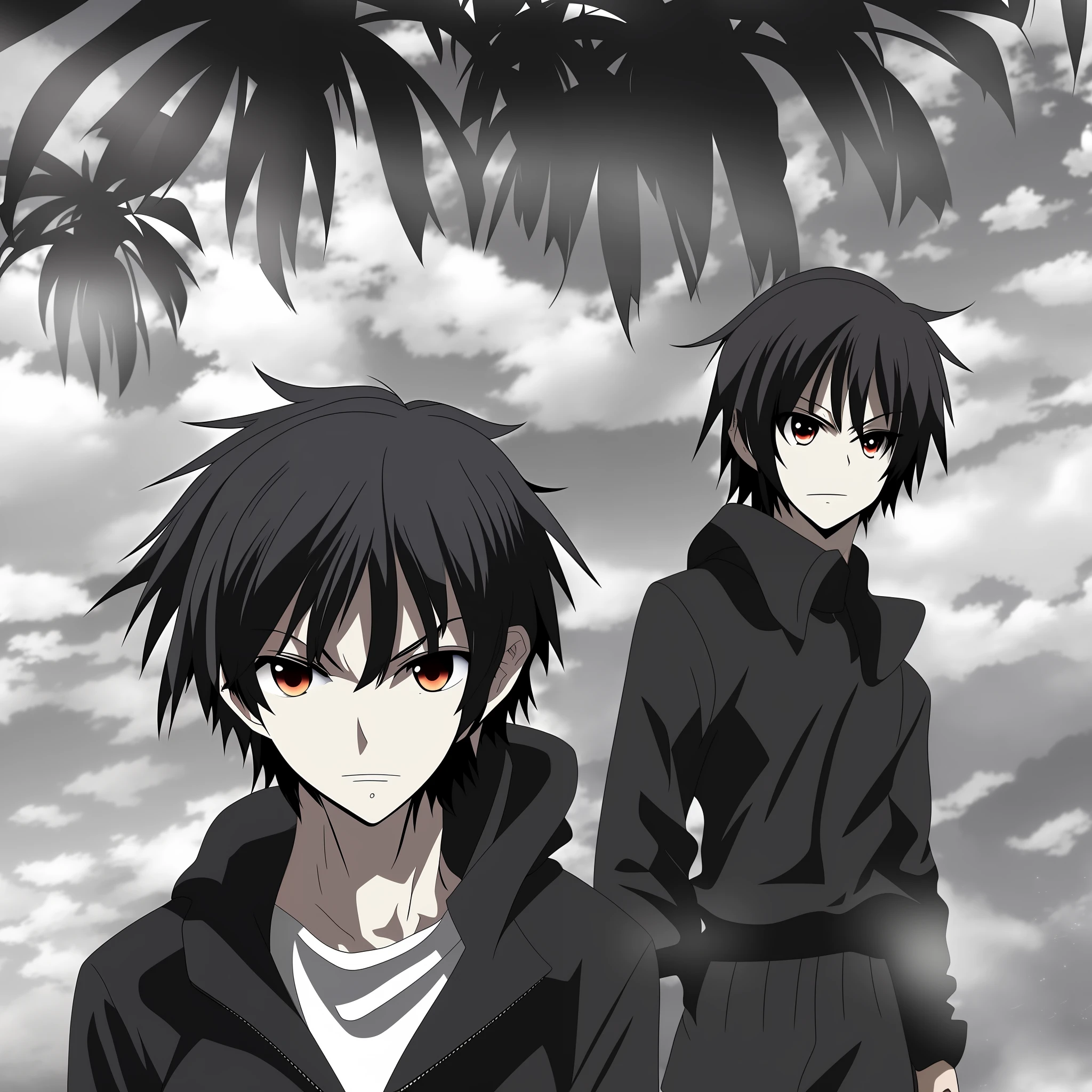 He is a young man of average height, with shaggy black hair that falls over his intense eyes. His eyes have an enigmatic shade of gray, and his expression is serious and determined. He possesses a mysterious appearance, with dark clothes that reflect his fascination with the world of shadows. He is 20 years old,manga,black and white,Japanese,anime.