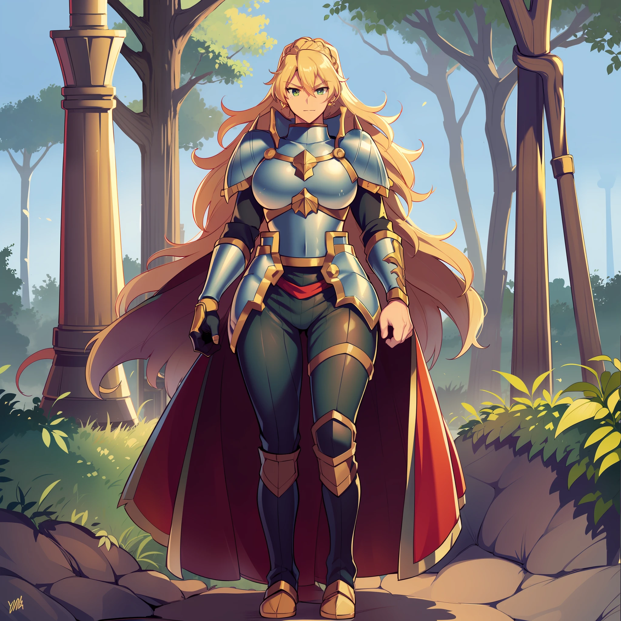 Muscle girl, dark-skinned woman, big chest, wings, happy,, coat jacket, pants, portrait, 1character, full body, walking, long dress, medieval, village, farm,, forest,flipflops,blond hair,, , coat, buttler, victorian cloths,lance holding, warrior, green eyes,smile