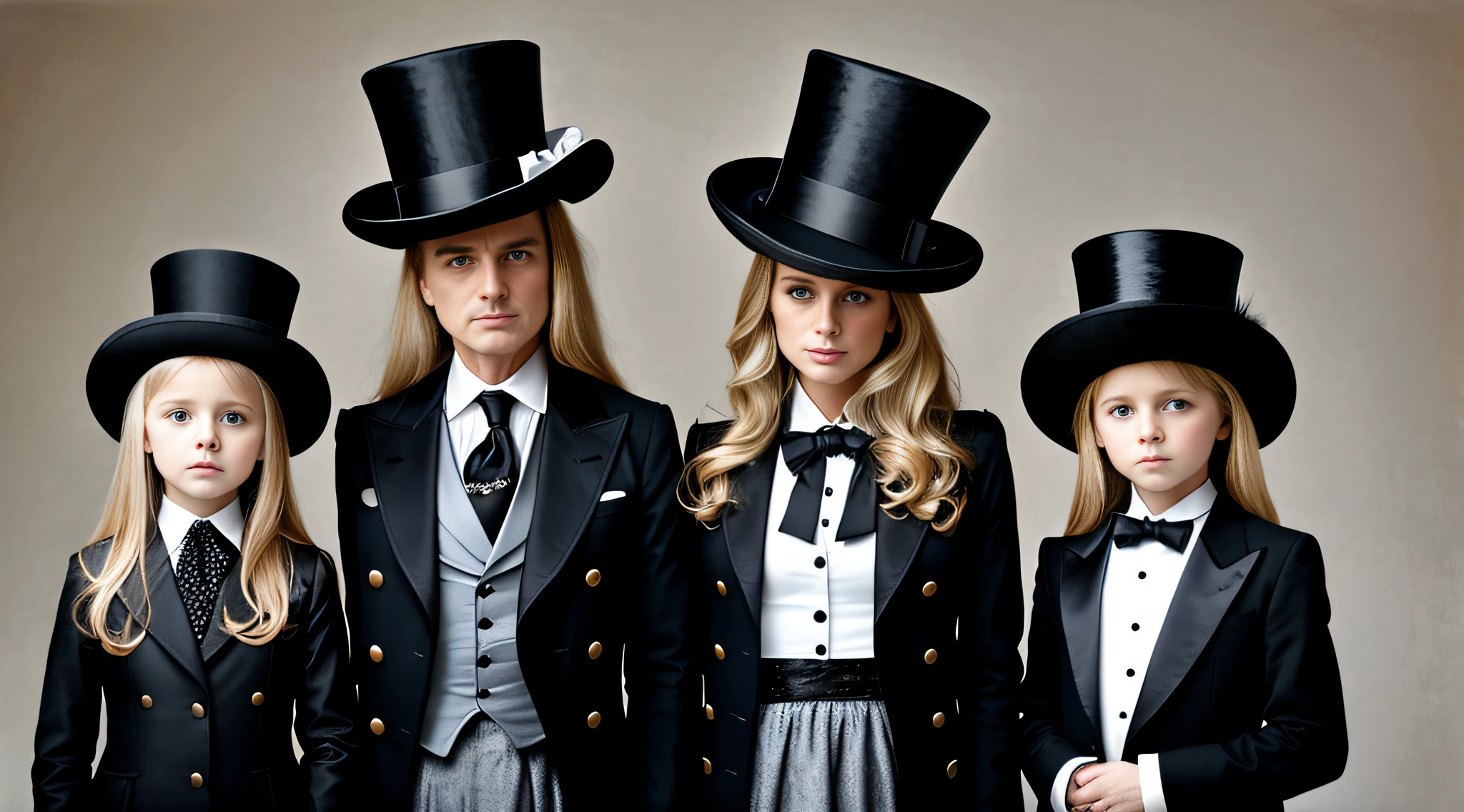 3 girls Russian children with , WITH LONG STRAIGHT HAIR blonde, PORTRAIT STYLE, hat and jacket, Jean DeVille, is wearing a top hat, is wearing a hat, Fedora, tilting his Fedora, Rankin, top hat, Michel Ocelot, promotional image, Mario Testino, promotional photo, profile picture, wearing a top hat, masterpiece, guilt!, with hat, black stetson and coat