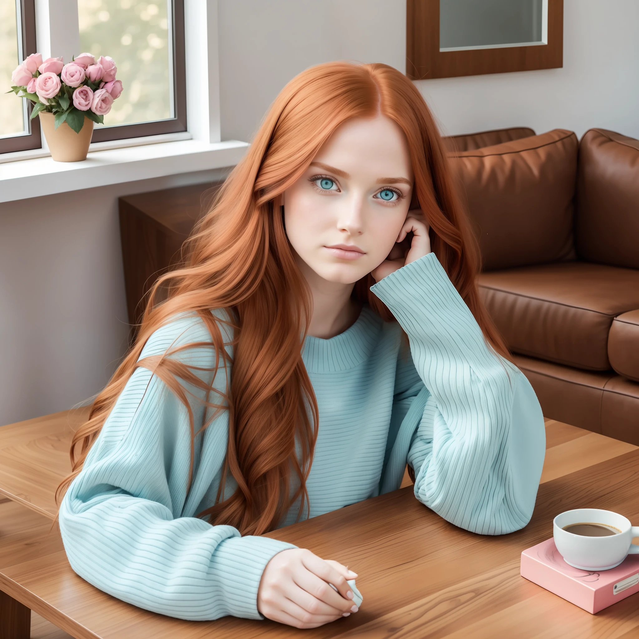 Pretty girl, long red hair, sad and distant look, light blue eyes, pastel pink sweater, light wooden coffee table, sunlight illuminating the hair, upright but tired posture. --auto --s2
