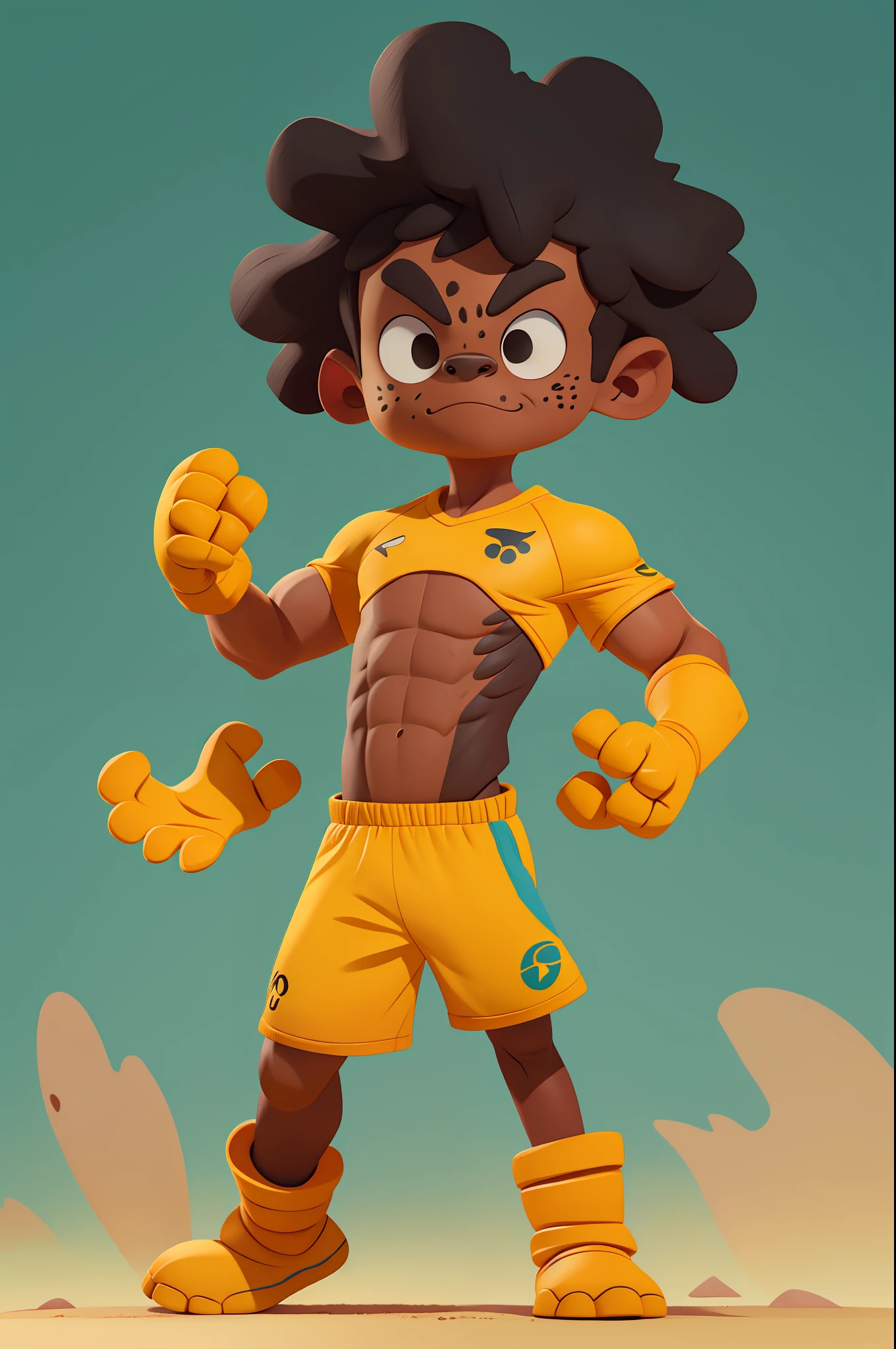 A black boy with jaguar face, brown spots all over his body, jumping in the air, with yellow gloves on his hands, wearing a Brazilian national team shirt, yellow shorts, background space, light blue background landscape, toon, pixar style, 3d, cartoons, detailed face, asymmetrical, full body, solo