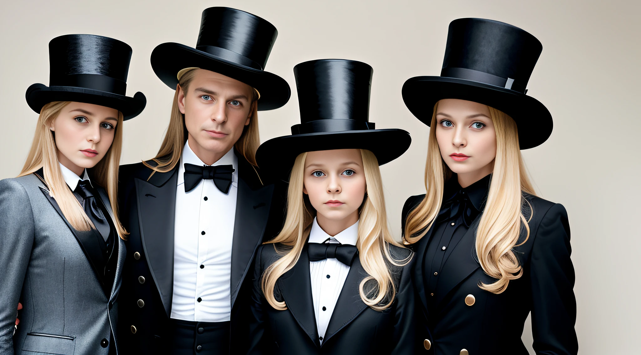 3 girls Russian children with , WITH LONG STRAIGHT HAIR blonde, PORTRAIT STYLE, hat and jacket, Jean DeVille, is wearing a top hat, is wearing a hat, Fedora, tilting his Fedora, Rankin, top hat, Michel Ocelot, promotional image, Mario Testino, promotional photo, profile picture, wearing a top hat, masterpiece, guilt!, with hat, black stetson and coat