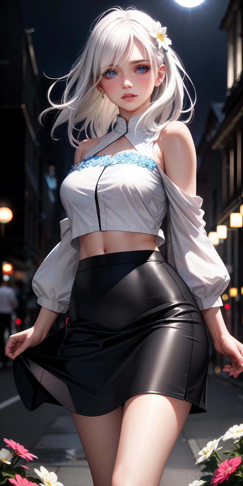 realistic, 1girl, white hair, blue eyes, bright eyes, dark eye makeup, cropped top, skirt, lips half-open, blush, night, flowers, sun, sunlight,