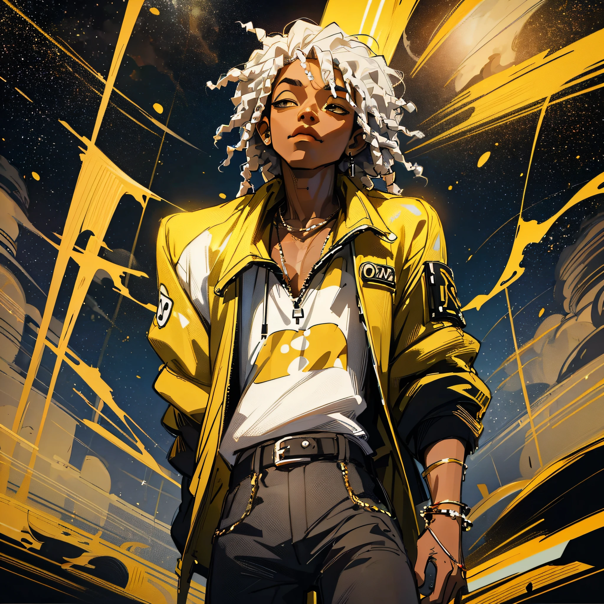 (Improve Image) (Best Quality) Art in the style of Juice Wrld Black man with short Dreads hair and with the color of the Dreads in half yellow and half black landscape floating in space with jewelry and designer clothes bracelets studded in silver and gold image in anime style one piece