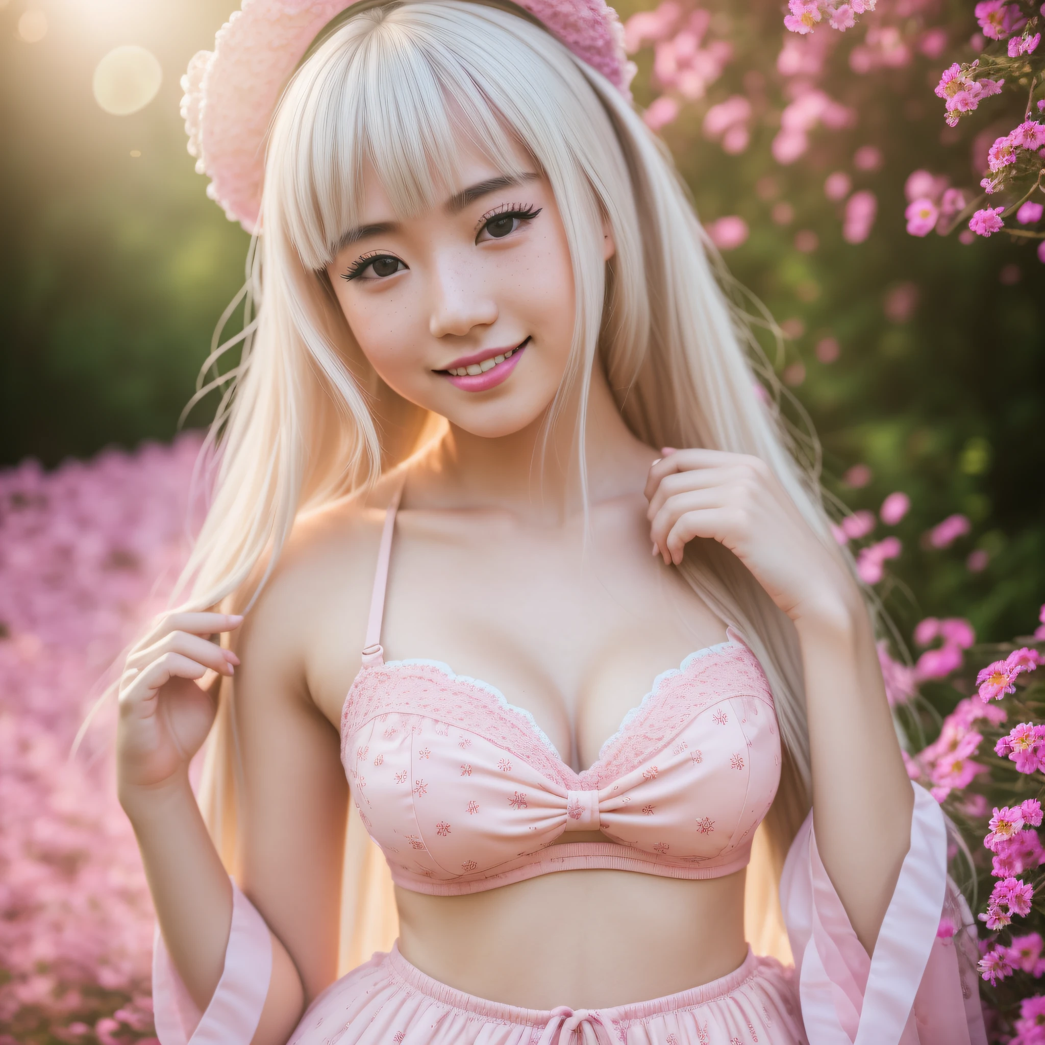 ((1 solo girl)), (((full body photo)))), ((realistic soft lighting)), ((realistic)), (beautiful face:1.1), long straight platinum blonde hair with bangs, detailed eyes, lush lips, 22 years, (sexy attractive figure), (large breasts), (neckline), (tight abs), (thick hips) 4K, HDR, DSLR photoshoot, professional photography, detailed texture, pink lipstick, pink nails, light green eyes, freckle on face, Japanese girl, ta, pink Lolind Bramco outfit, on the high hill with beautiful trees and flowers, open sky with sun, by day, smiling --auto --s2