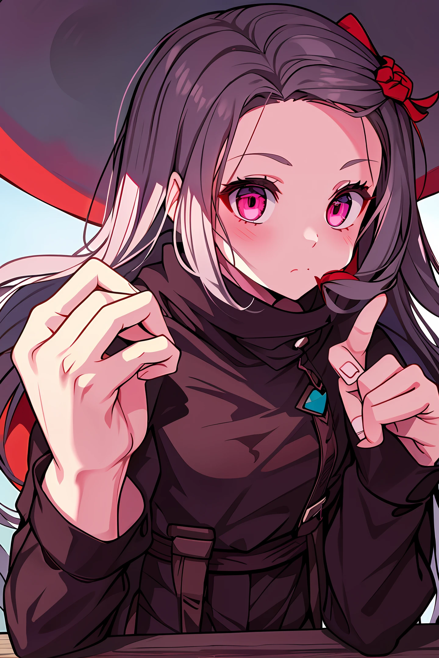 The girl covered her nosebleed nose with one hand and gave her thumb with the other