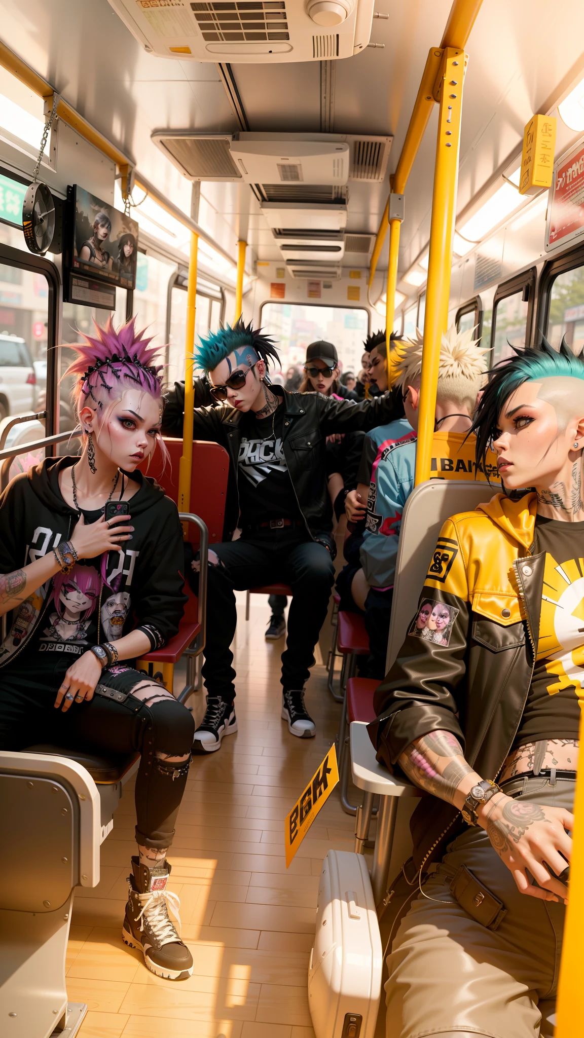 there are many people sitting on a bus with their cell phones, punk rock with mohawks, dressed in punk clothing, artwork in the style of guweiz, diselpunk, badass anime 8 k, punks, punk rock, chaotic punk, punk party, punk style, cyberpunk bus stop, punk-rocker, punk rocker, teenage grunge punk rock, rock band