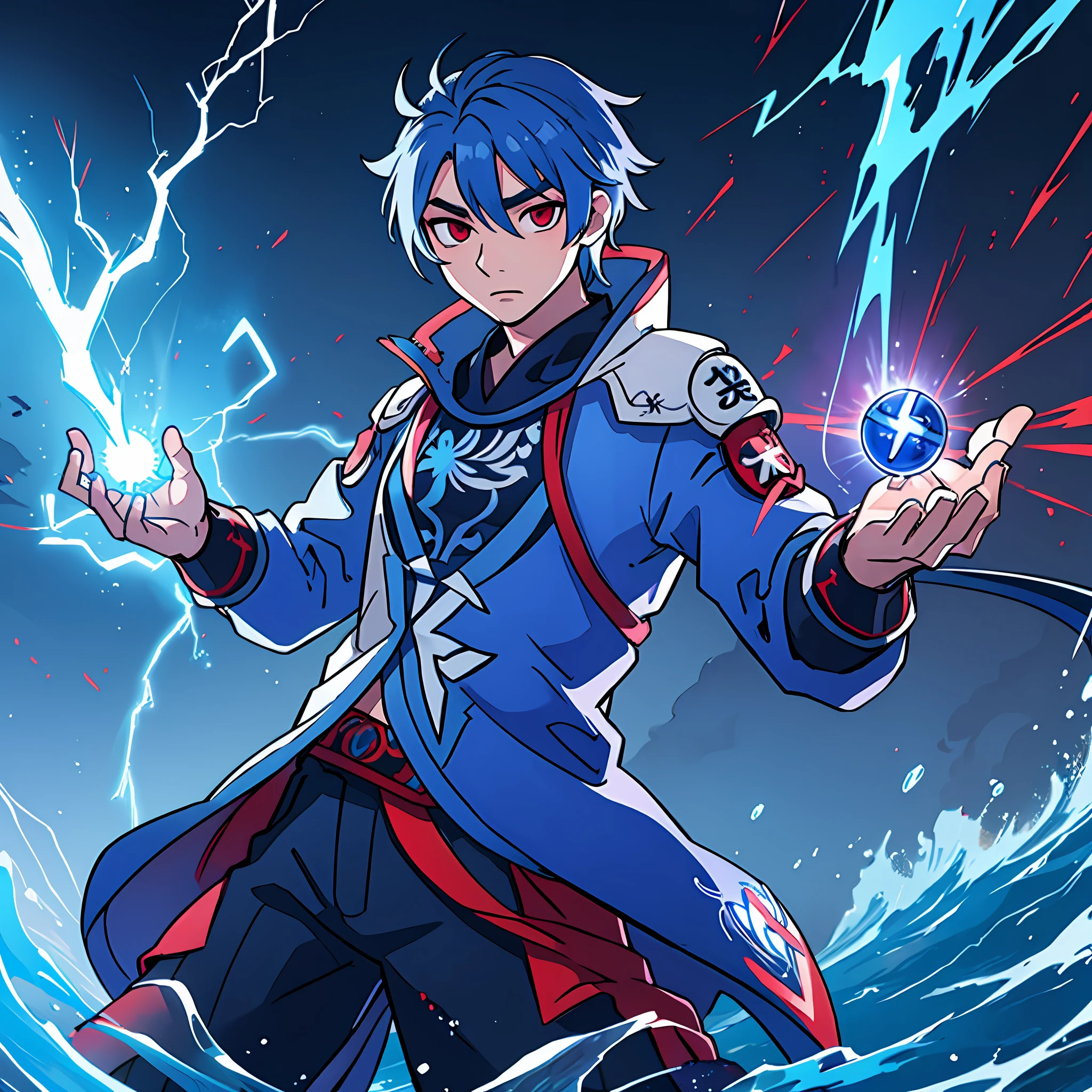 Genshin impact model, male, blue hair, red eyes, water effect on screen, top clothes, magic background, lightning powers --auto --s2