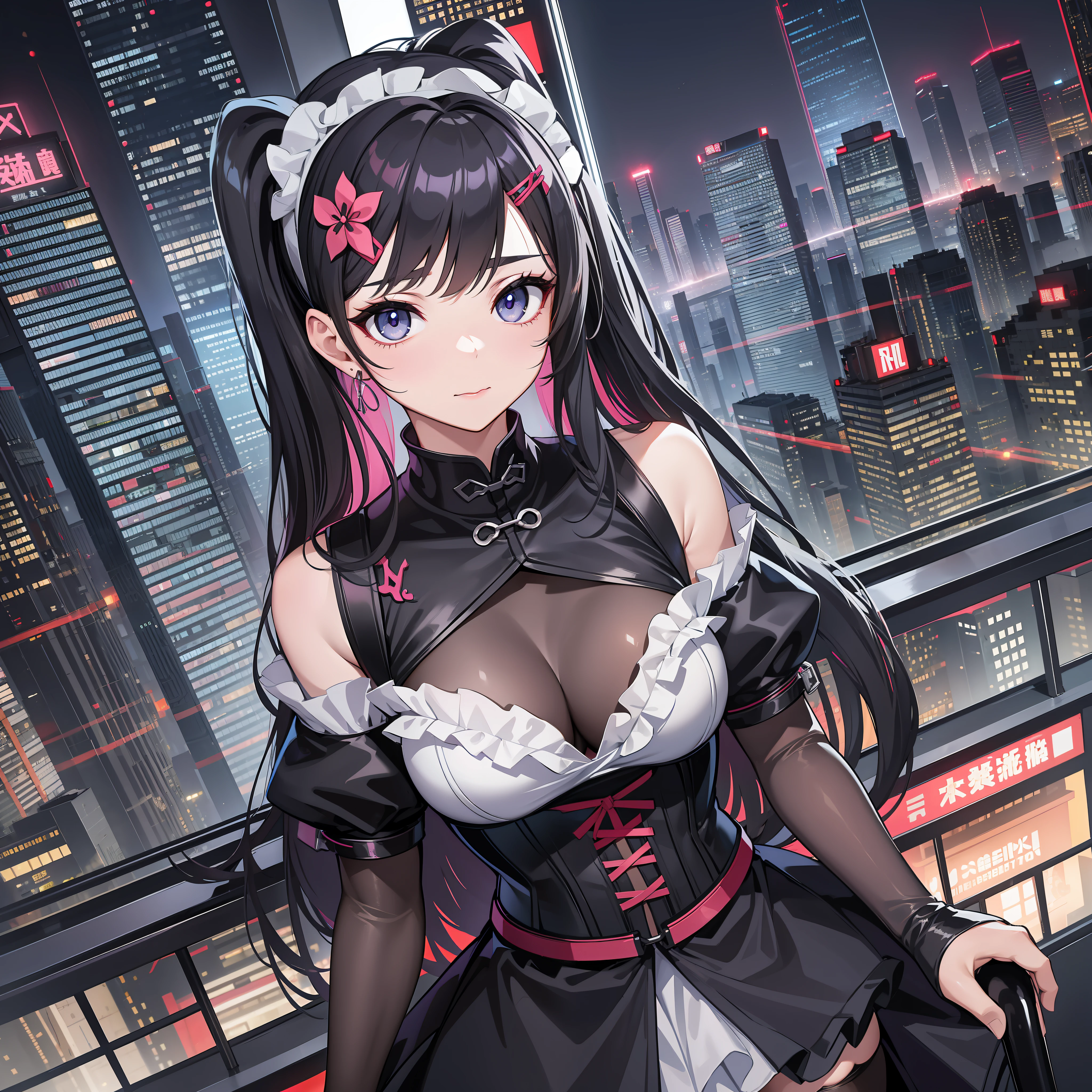 Adult female, wear corset maid dress, stocking, perfect face, beautiful eyes, black long Hair in two pigtails, standing On top of the building, Night in cyberpunk city Chinese version with lights, Wearing a headband, black eyes, variation angle