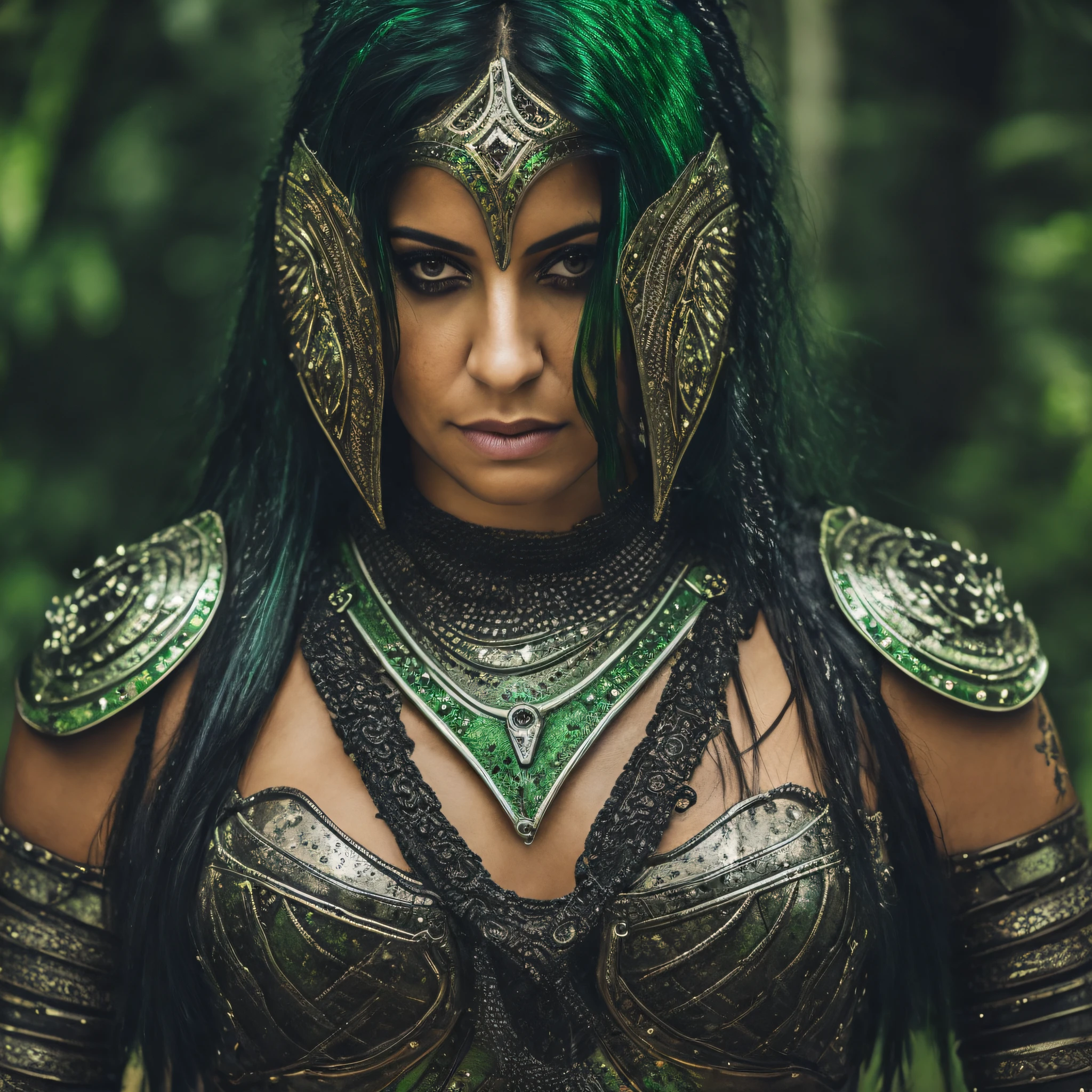 a sexy young Brazilian woman with a revealing dress of fit and brilliance in the Spa retreat, black and green hair, symmetrical face, external lighting, taciturn atmosphere, piercing eyes, wearing gleaming armor, metal sparkles, medieval armor,