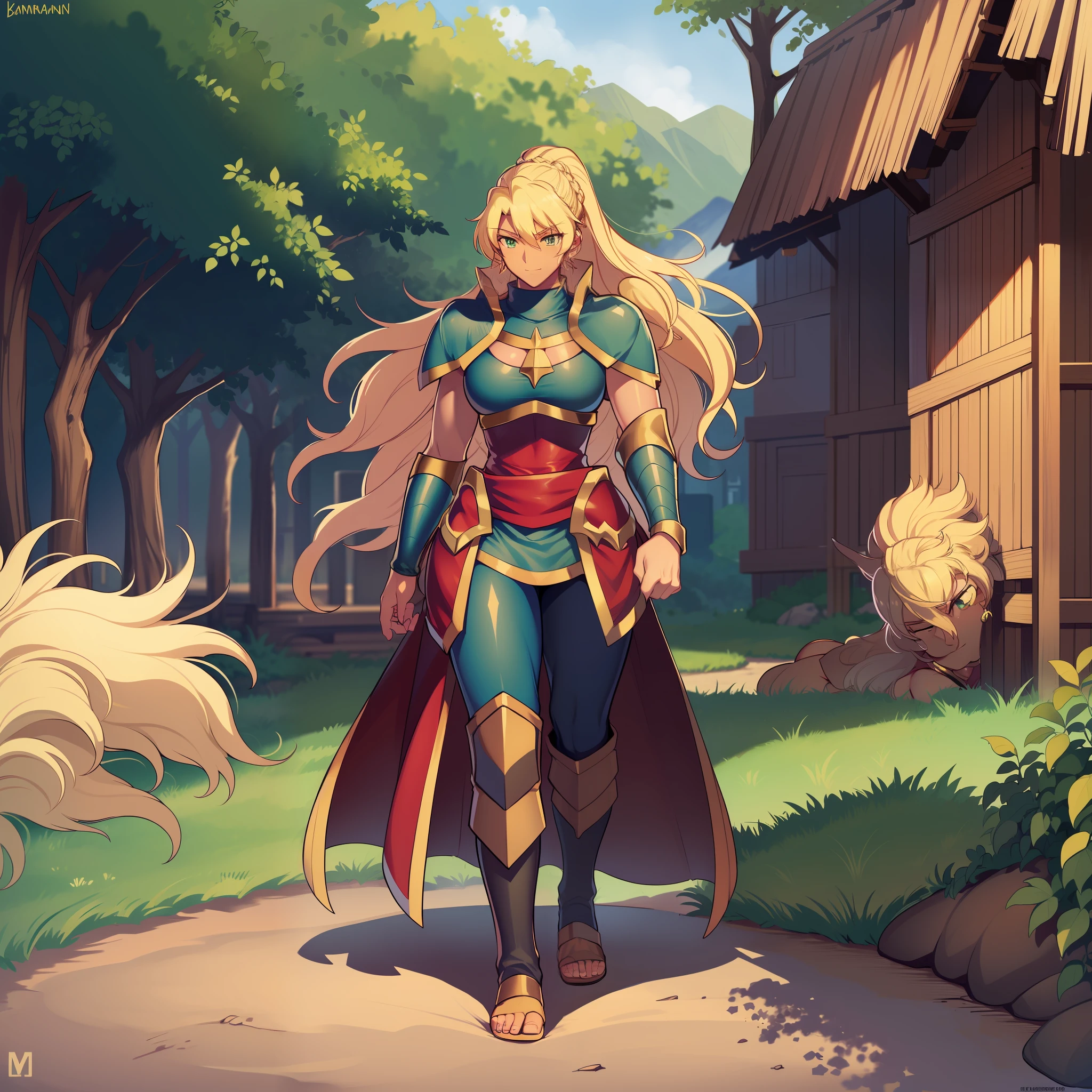 Muscle girl, dark-skinned woman, big chest, wings, happy,, coat jacket, pants, portrait, 1character, full body, walking, long dress, medieval, village, farm,, forest,flipflops,blond hair,, , coat, buttler, victorian cloths,lance holding, warrior, green eyes,smile