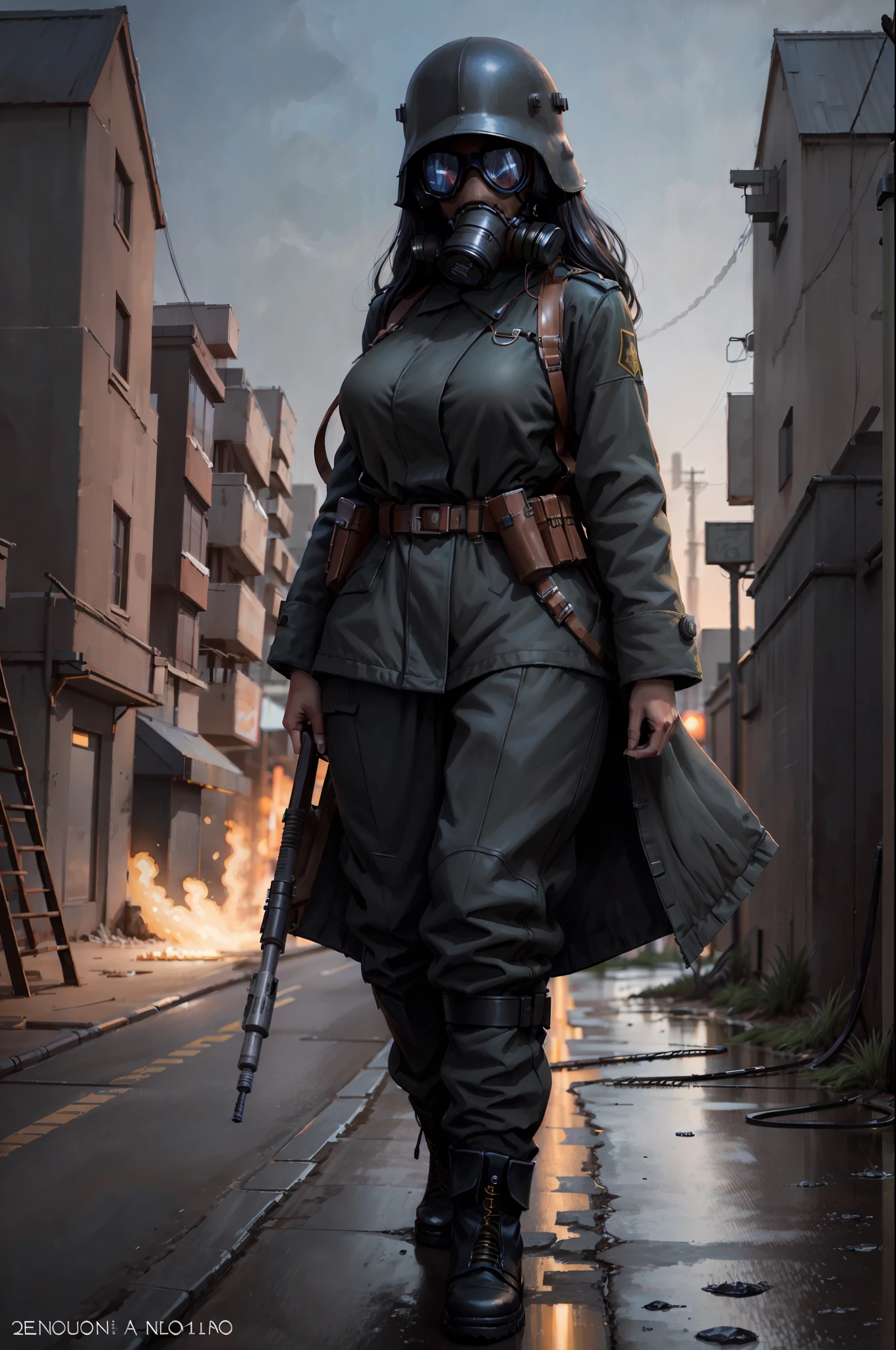 (4k,ultra detailed:1.2),(anime:1),illustration,(photorealistic:1), (solo:1.2),(standing),(full_body:1.2), (single background,:1.4), (landscape), (a woman with beautiful curves), cyberpunk aesthetics, a cyberpunk city bustling with neon signs, night, mushroom cloud, (gas mask, holster, overcoat, pants charge: 1.2), (supermodel: 1.4), (wide hips: 1), (black hair), ww1ger,