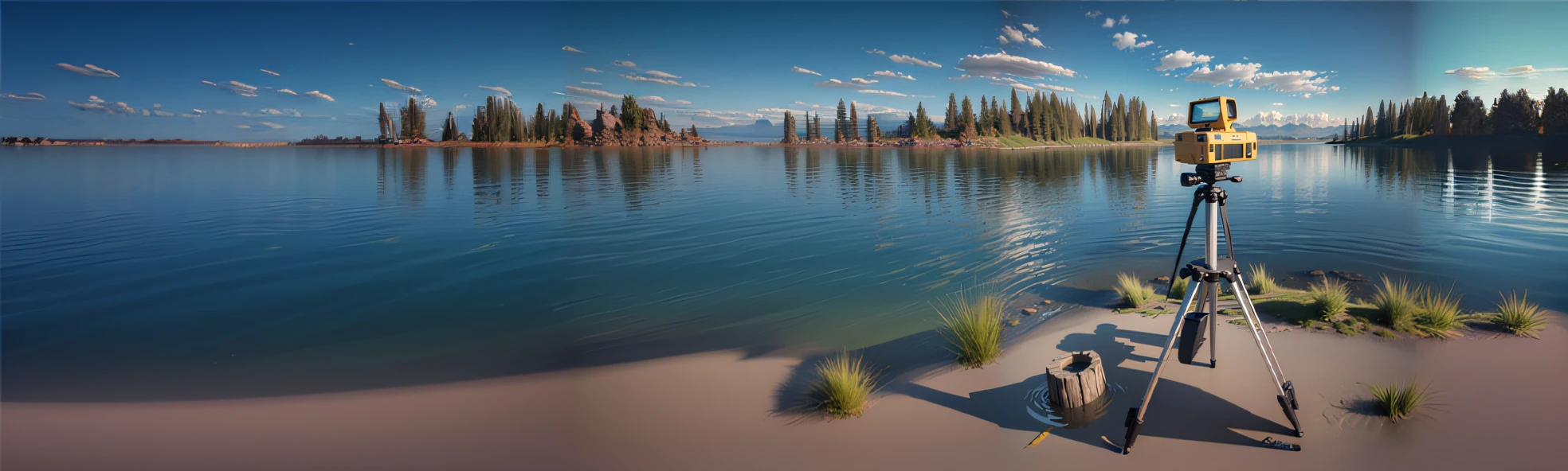 arafed view of a tripod on a beach with a lake in the background, photorealistic landscape, beautiful render of a landscape, a photorealistic rendering, low camera angle at water level, photorealistic 3d render, photorealistic 3 d render, 3 d photorealistic render, photorealistic rendering, 3 d landscape, 3d landscape, hyperrealistic landscape