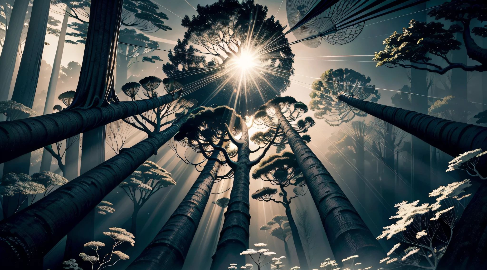 absurdos, highres, ultra detalhados, Crie uma imagem com efeito de lente olho de peixe, capturing a wide field of view with a distinct, curved perspective , Capture um caminho na floresta, with tall trees, speckled sunlight and a sense of tranquility and natural beauty, Illustrate a monochrome world, usando apenas tons de preto, branco e cinza para transmitir profundidade, emotion and an impressive visual impact, Black crows in the background on top of the trees and the front of the image
