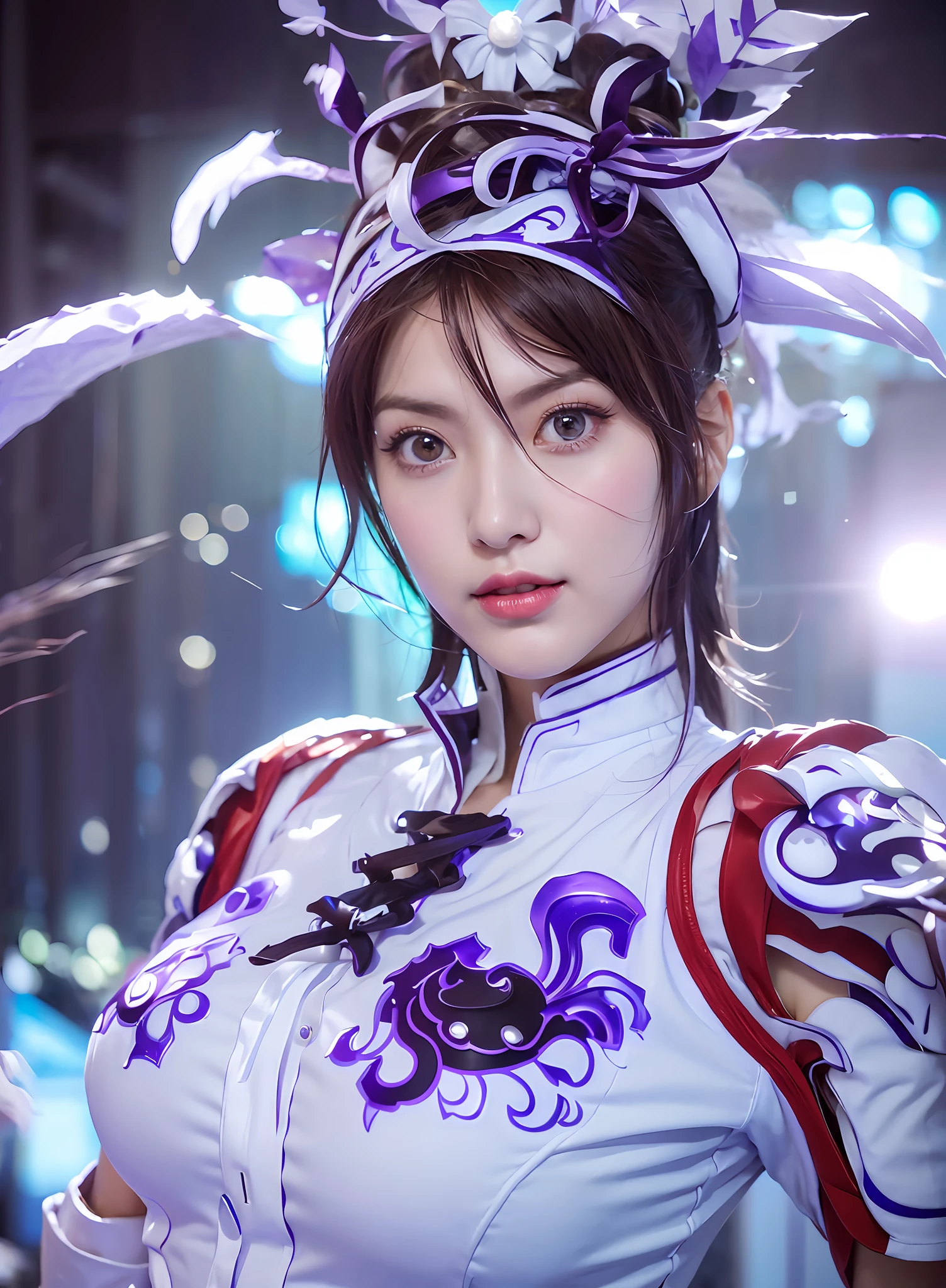 Woman in white and purple costume posing in photo, brown eyes, Chinese woman, cosplay photo, professional cosplay, inspired by Li Mei-shu, glamorous cosplay, anime cosplay, 8kartgerm bokeh, portrait shot, chun-li portrait, yun lin, juri misaki, close-up portrait shot, street fighter julihan, Portrait of Chun - Lee