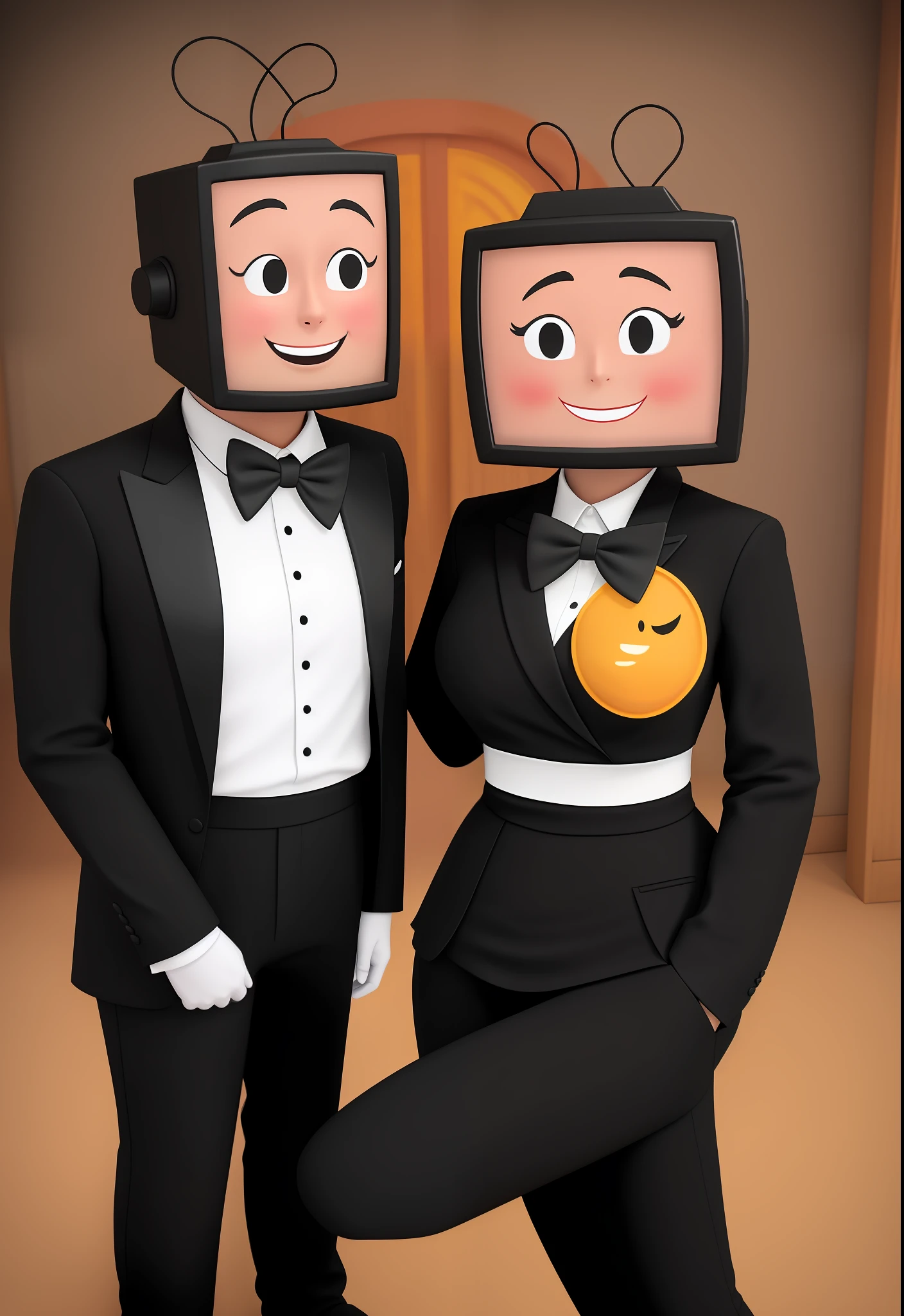 (tv head: 1.2), 1woman, Tuxedo, realistic, crazy smile