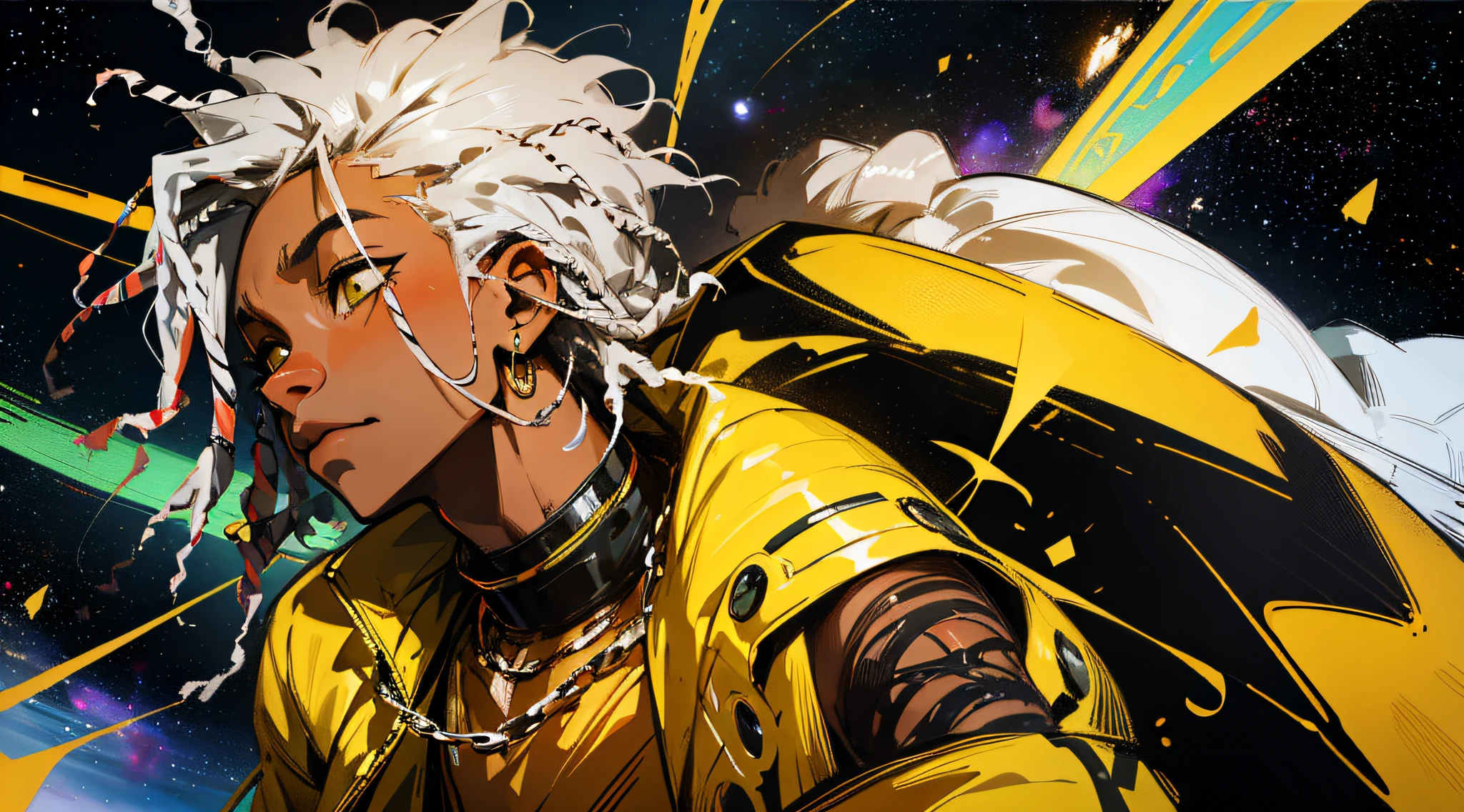 (Improve Image) (Best Quality) Art in the style of Juice Wrld Black man with short Dreads hair and with the color of the Dreads in half yellow and half black landscape floating in space with jewelry and designer clothes bracelets studded in silver and gold image in anime style one piece