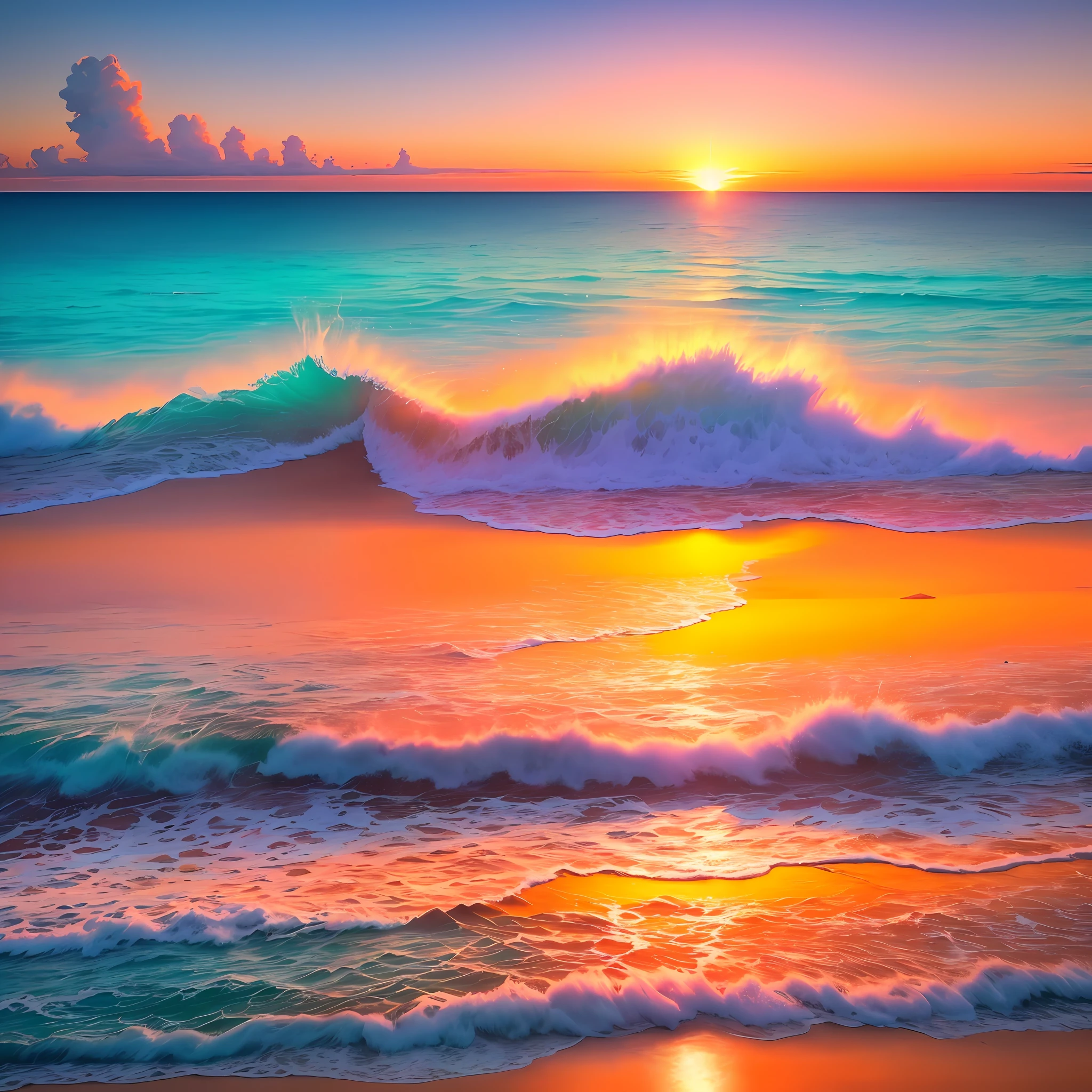 An absolutely mesmerizing sunset over the beach, with a mix of orange, pink and yellow filling the blue sky. The crystal clear waters of the sea gently touching the coast, white sand coast, with palm trees stretching everywhere, seagulls to the sky, The scene is dynamic and breathtaking. Soak up the soothing atmosphere and let the tranquility and all this abundance take care of you.