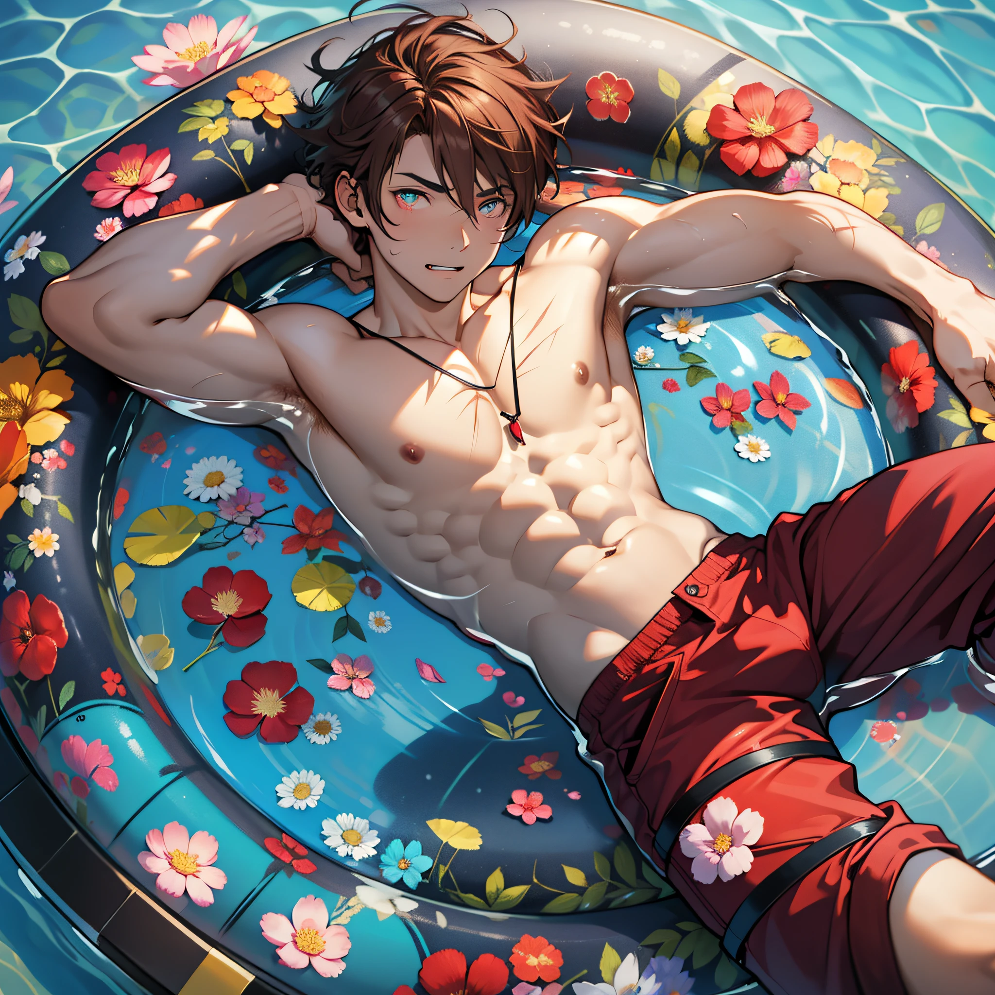 night, colorful, neon lights hitting the body, a medium-sized boy in a red flower shirt lying flat on a huge swimming ring, tall figure, a lot of fruits next to him, cyan eyes, college student, lying flat on an air cushion, reddish-brown hair, short hair, dark red flower shirt clothes open, translucent beach pants, legs open, fangs, bandage on, scar across eye, streaked hair, lying flat all over, open eyes, Floating on the pool, backlit, shut up, soda in hand, floating in the middle of the pool, character centered, Red floral shirt, star-shaped pupils, from above, projected inset, cyan eyes, sign around the neck, domineering eyes, from side