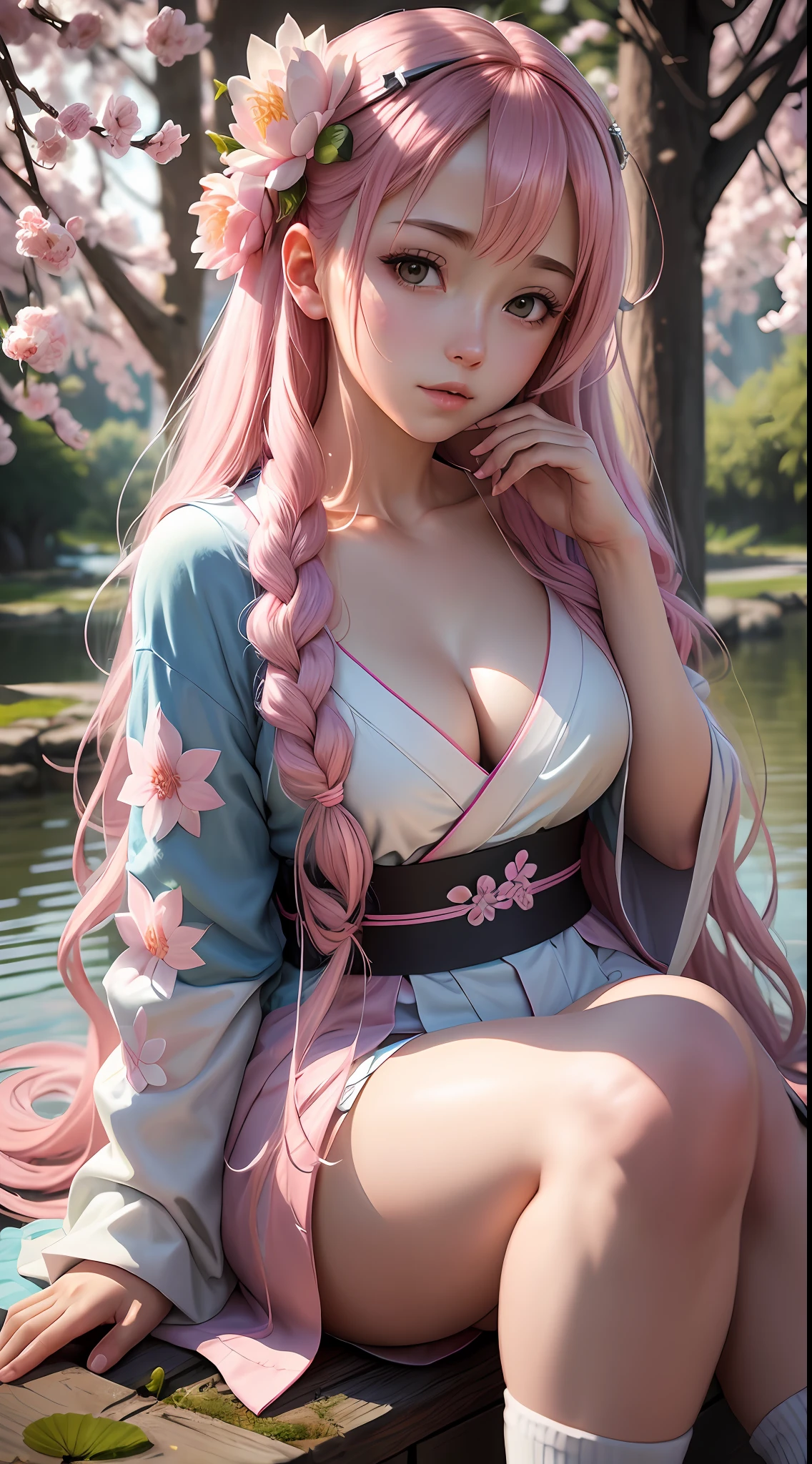 (Anime girl with long hair Pink and stuck) , wearing a (Wearing a white, light blue and pink kimono open on the bust, with long sleeve open on the shoulder and with sakura teats), cherry trees, (A pink pink feel, with a lotus flower as decoration), (Sakura flowers in the hair) 👀female, (sitting in a lake), full body commission for anime, hyper realistic texture, photorealistic, ultra detailed, no drawing edges, dark room, would be feature, (Long white sock up to thigh), dark scenery, in a dark place, Fire around the Girl texture of ultra realistic clothes, Natural lighting, realistic lighting, no dark edges, detailed shadows, ultra realistic photo, absurd realistic, realism, no drawing edges, ultra absurd photorealistic, mega realistic hair, mega realistic clothes, absurdly realistic details, no deformities, no drawing edges, no drawing lines, 8K, 4K