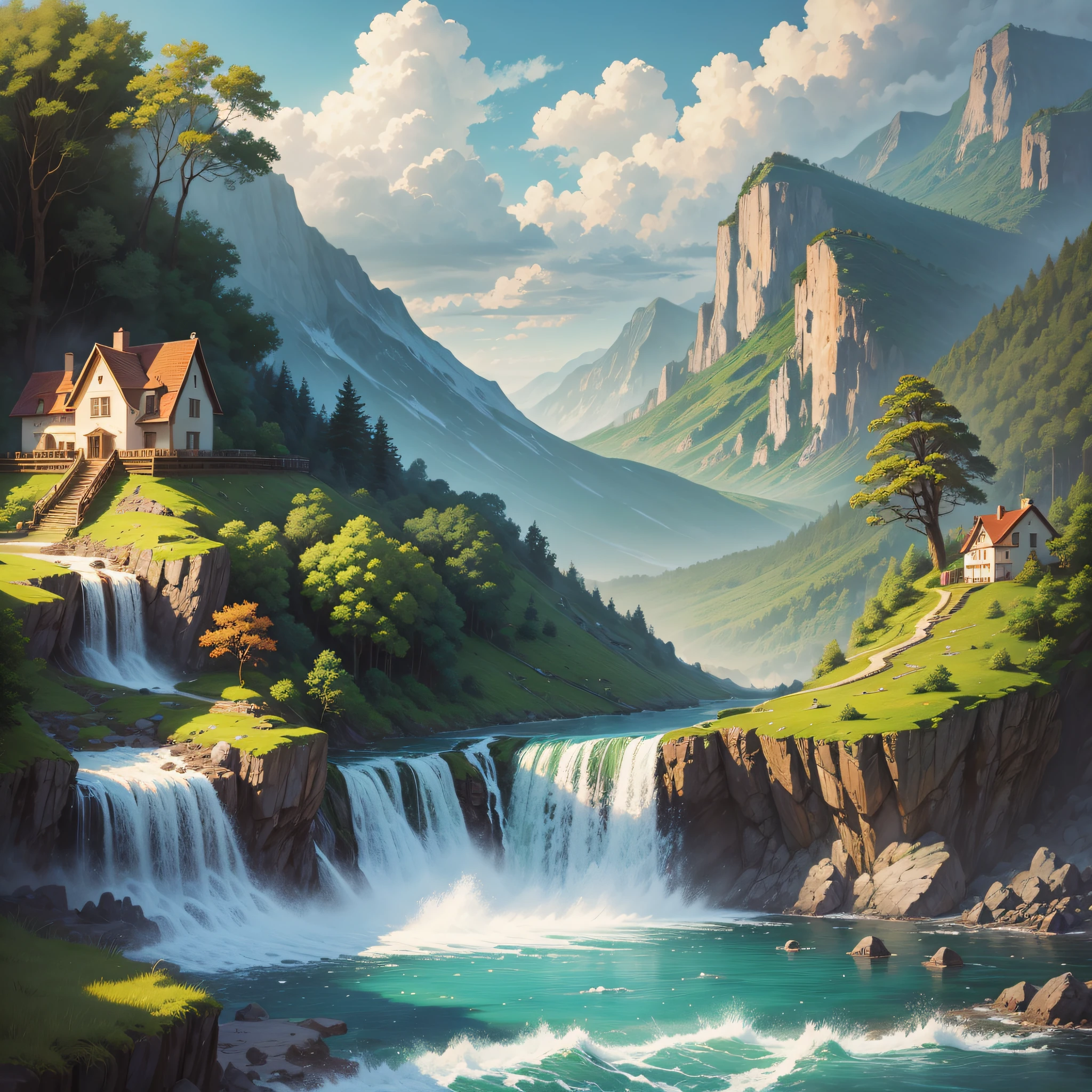 Painting of a waterfall in a mountainous area with a house on top --auto --s2