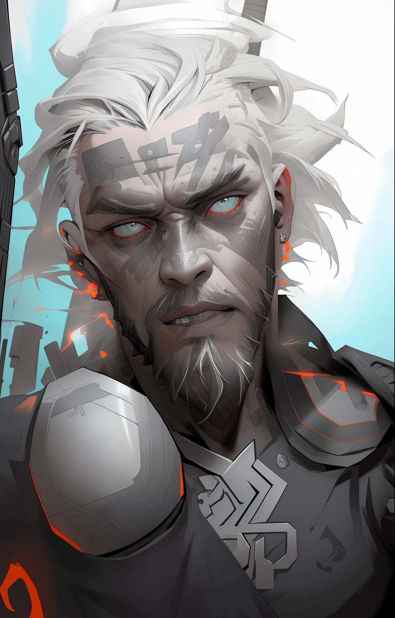 A Viking Nordic man with big hair, Viking haircut, with Nordic tattoos in the range of 27 years old, barbaric muscular stereotype, with horns (part with axe on his back and wolf skin, fighting, dark bright neon all-white eyes, Nordic hair with demonic horns, tight torn supersuit, in a destroyed Nordic city, smoke and fire, Aura of Bright Power, Dynamic Pose, Dynamic Vision, Hyper Detailed, 8K Quality, With Tattoos, Nordic Symbols On Headset, Merge, Hyper Realism, Ultra Realism, With Thorns Coat viking.Com Gray Goatee And Gray Hair, Bright Neo, Neo Lights On The Phone, Nordic Symbols, Man With Orange Skin Color With Neon Tattoos