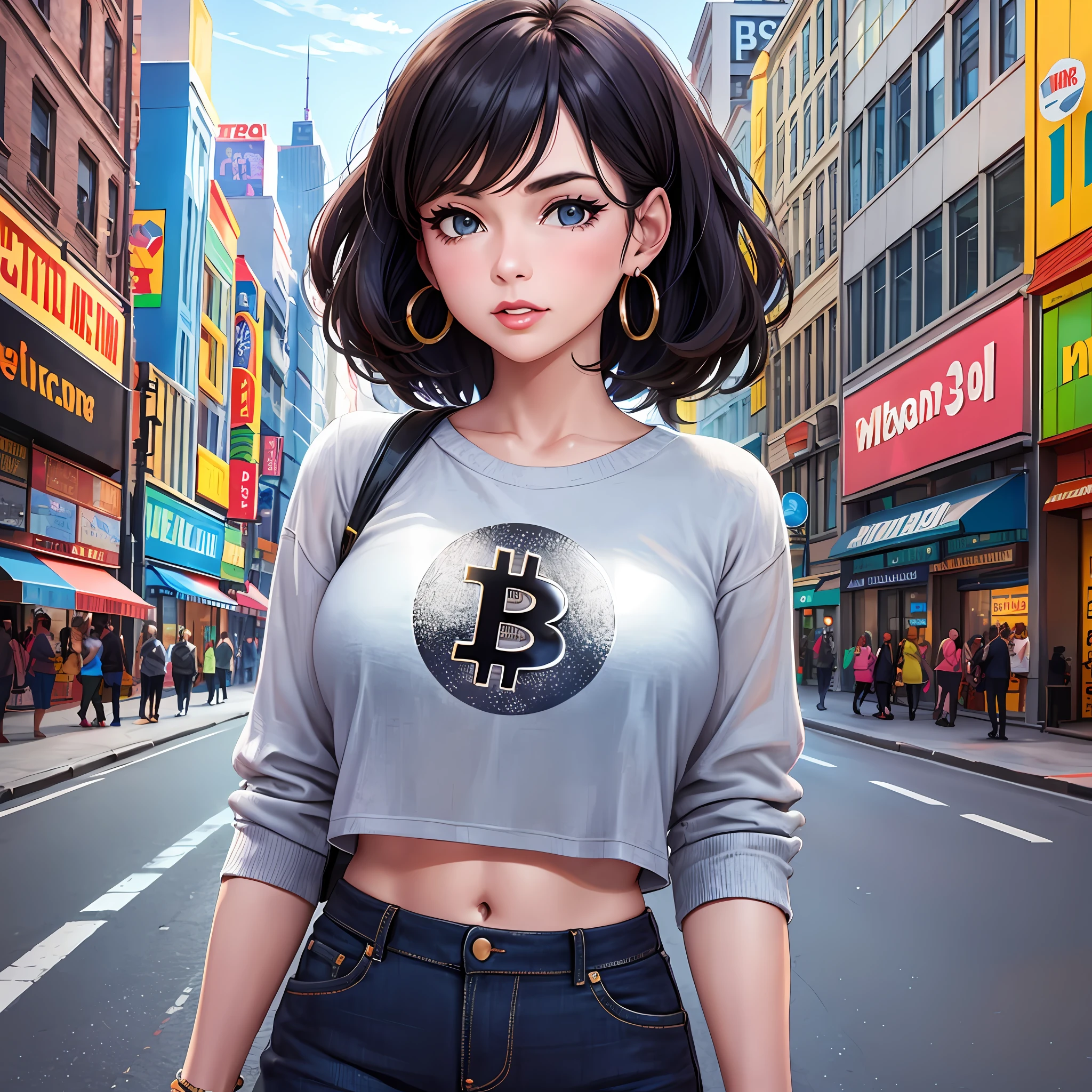 Woman holding a bitcoin, American city, 60s, pop art