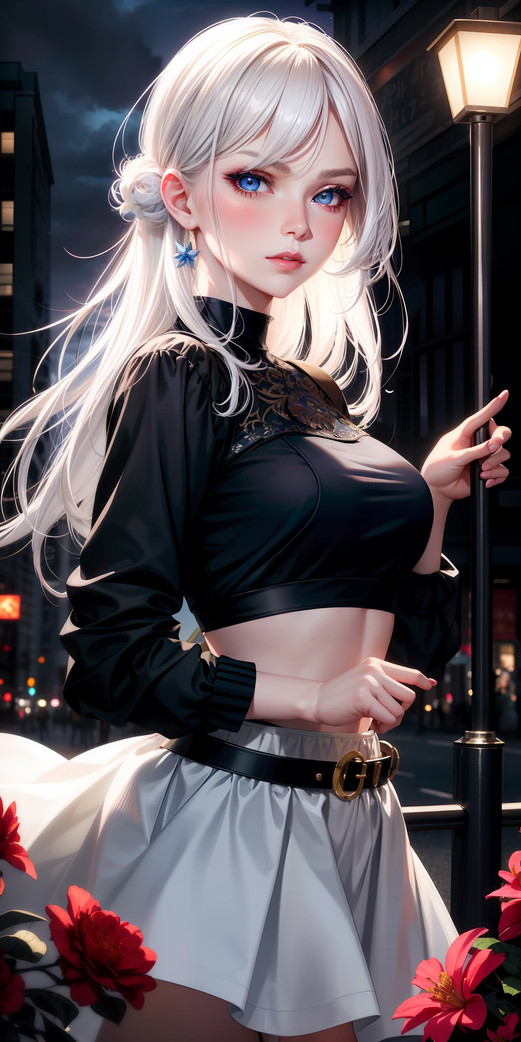 realistic, 1girl, white hair, blue eyes, bright eyes, eye liner, eye pencil, cropped top, skirt, lips parted, sexy expression, blush, night, flowers, sun, sunlight,
