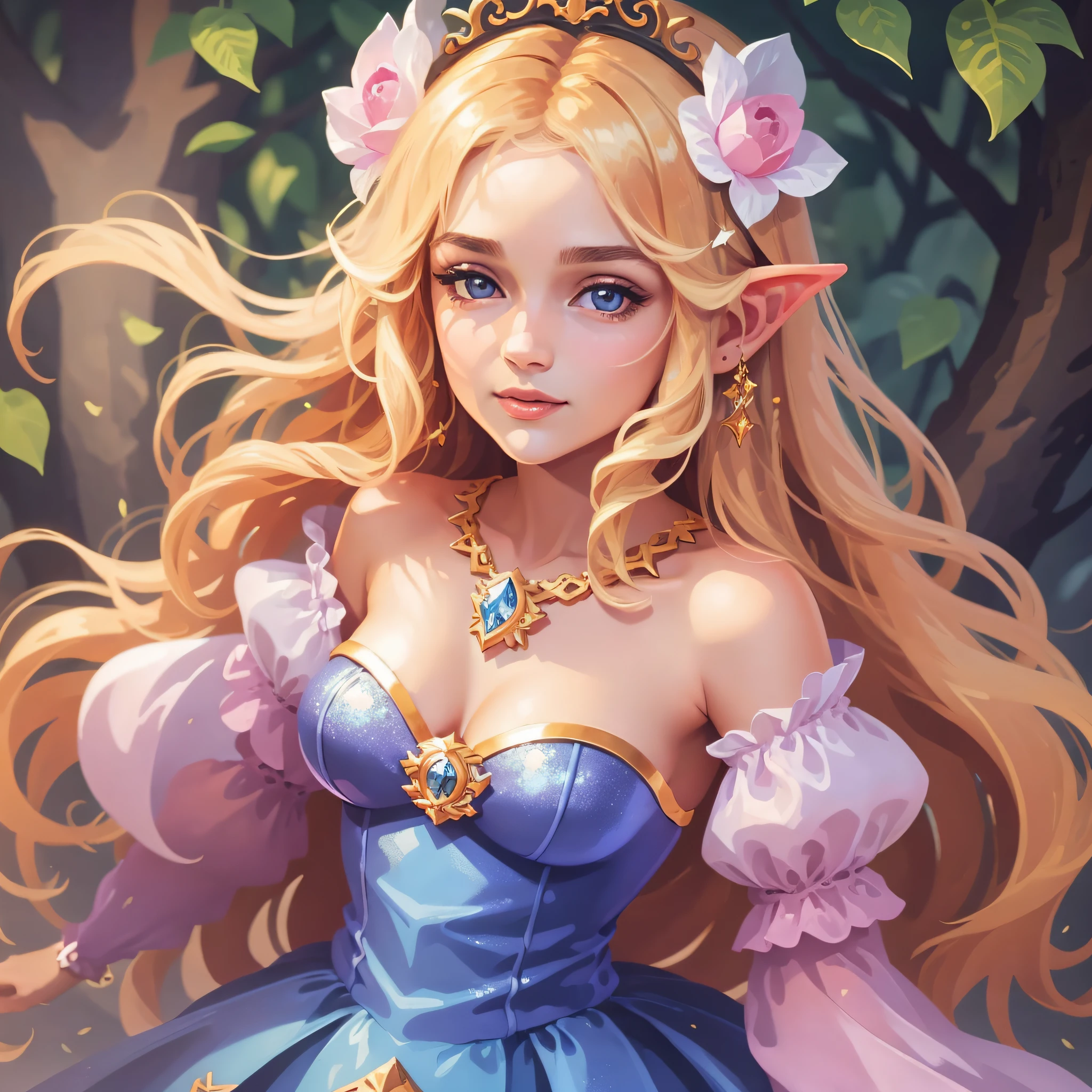 A magical and dreamlike fairy tale, a budding fairyland, sparkling sunlight, a charming Cinderella looking at the camera, with sparkling decorations around the corners of her eyes, elf ears, in a romantic fantasy land, light golden hair, flowing long hair with smooth, straight lines and woven substrates, high-end customized soft and complex velvet ruffled dresses, sparkling jewelry, and sparkling decorations on the skirt, fairy like face, long ending, bright and vibrant soft colors, sparkling, fashion magazine style, Chanel style, ultra fine, 32k, ultimate details, ultimate clothing details, palace background with great details, ultimate facial details, 200 million pixels, best quality, ultimate facial details, Full Length Shot(FLS),Medium Long Shot(MLS),mid shot, real person