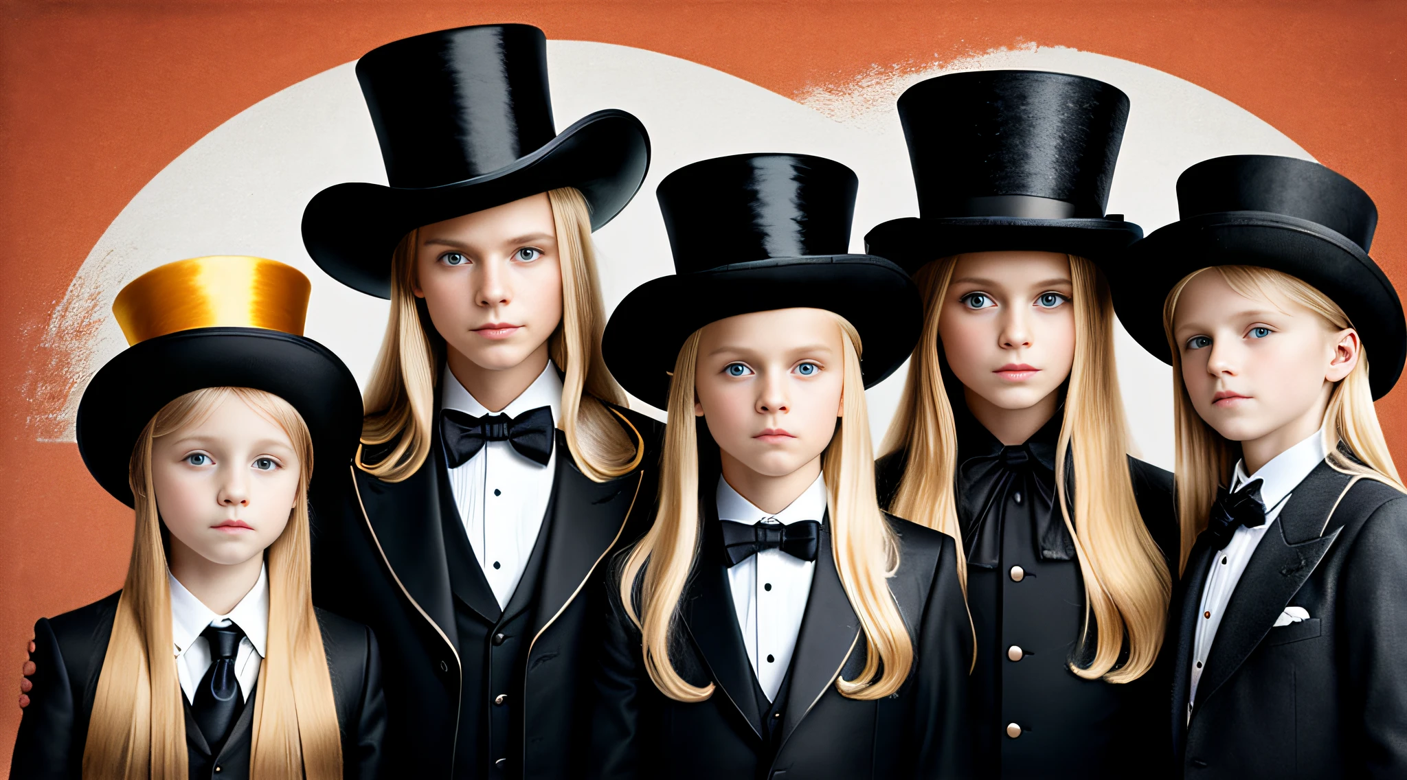 3 girls Russian  blonde, with long hair with 10 yearsONG STRAIGHT HAIR blondes, PORTRAIT STYLE, hat and jacket, Jean DeVille, is wearing a top hat, is wearing a hat, Fedora, tilting his Fedora, Rankin, top hat, Michel Ocelot, promotional image, Mario Testino, promotional photo, profile picture, wearing a top hat, masterpiece, guilt!,  With hat, black Stetson and coat