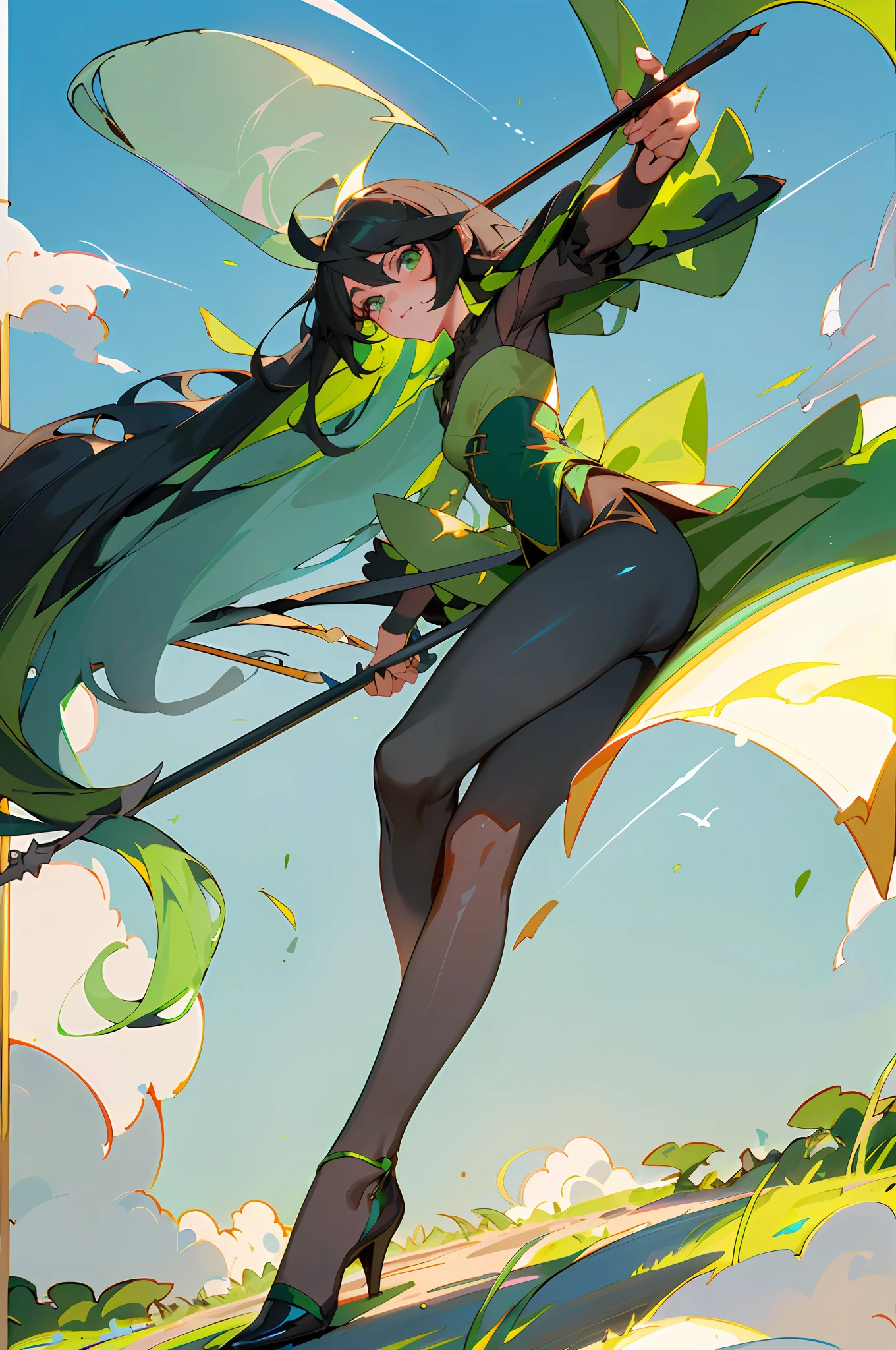 1 girl, (wearing green revealing clothing: 1.2), (holding a green spear in one hand: 1.2), (long black hair, dynamic hair), surrounded by green flames, (pantyhose black silk), blushing, cute side face, (masterpiece: 1.2, best quality), (exquisite eye: 1.2), (very detailed CG Unity 8k wallpaper, masterpiece, best quality, super detail, best shadow), (blue sky, white clouds, lawn) (epic background), (beautiful detail face, Beautiful detailed eyes), high contrast, (best lighting, extremely delicate and beautiful), (dynamic shape: 1.2), (full body) tall, beautiful legs, shorts, green hair, right hand back