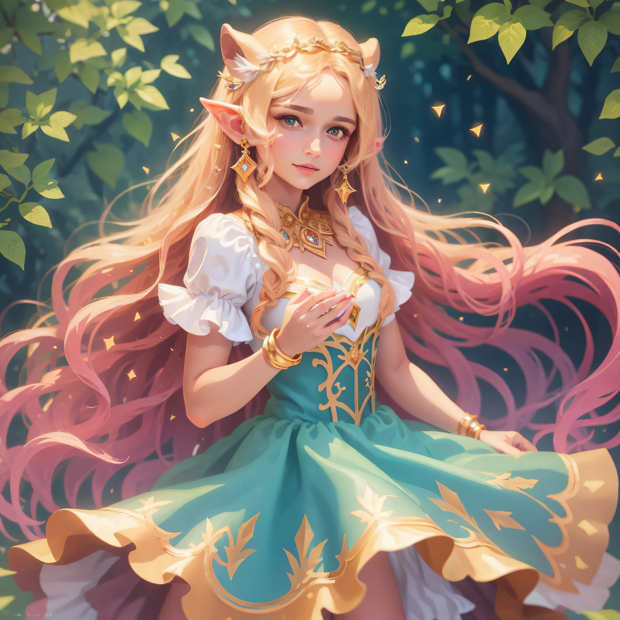 A magical and dreamlike fairy tale, a budding fairyland, sparkling sunlight, a charming Cinderella looking at the camera, with sparkling decorations around the corners of her eyes, elf ears, in a romantic fantasy land, light golden hair, flowing long hair with smooth, straight lines and woven substrates, high-end customized soft and complex velvet ruffled dresses, sparkling jewelry, and sparkling decorations on the skirt, fairy like face, long ending, bright and vibrant soft colors, sparkling, fashion magazine style, Chanel style, ultra fine, 32k, ultimate details, ultimate clothing details, palace background with great details, ultimate facial details, 200 million pixels, best quality, ultimate facial details, Full Length Shot(FLS),Medium Long Shot(MLS),mid shot, real person