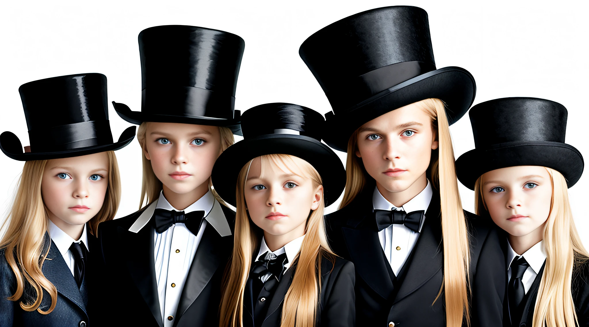 3 girls Russian  blonde, with long hair with 10 yearsONG STRAIGHT HAIR blondes, PORTRAIT STYLE, hat and jacket, Jean DeVille, is wearing a top hat, is wearing a hat, Fedora, tilting his Fedora, Rankin, top hat, Michel Ocelot, promotional image, Mario Testino, promotional photo, profile picture, wearing a top hat, masterpiece, guilt!,  With hat, black Stetson and coat