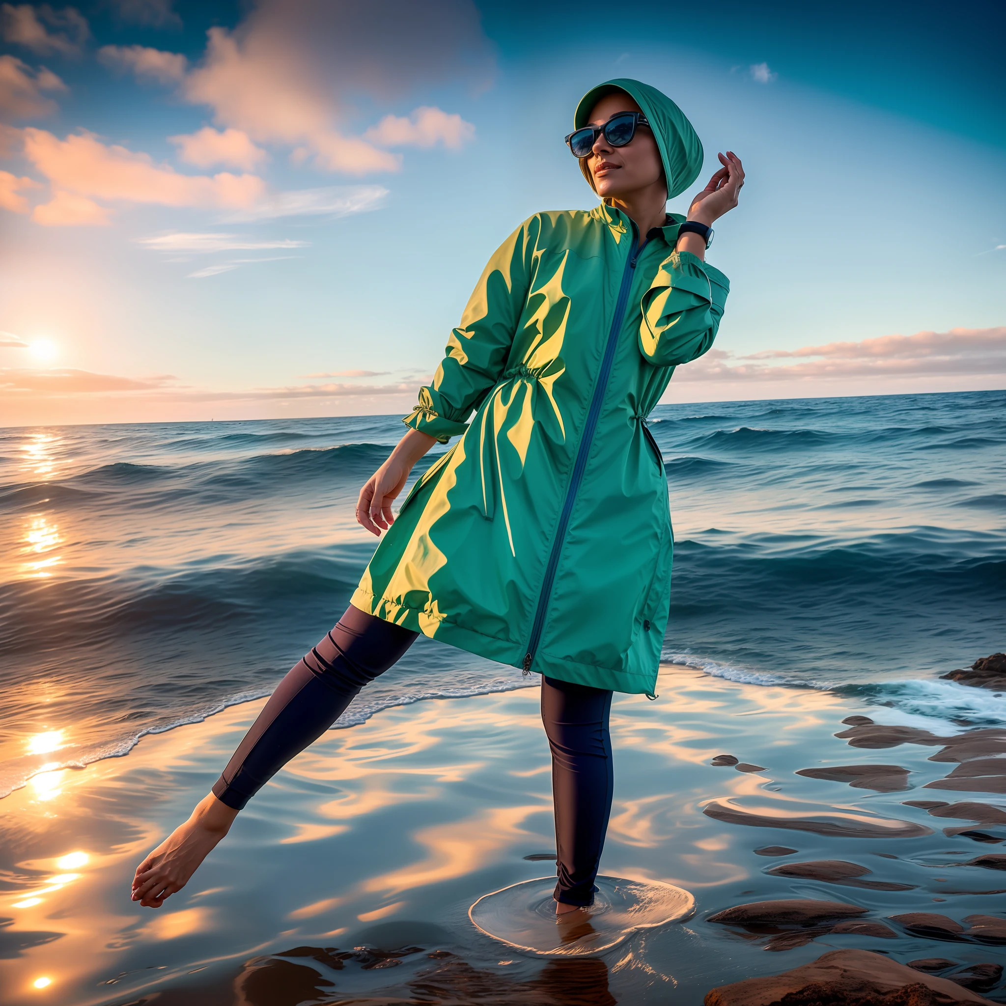 there is a woman standing in the water on the beach, at the sea, posing on a beach with the ocean, serena malyon, profile pic, in a sea, in the sea, wearing a fisher 🧥, at the seaside, standing at the beach, on the ocean water, on the ocean, the ocean in the background, background is heavenly