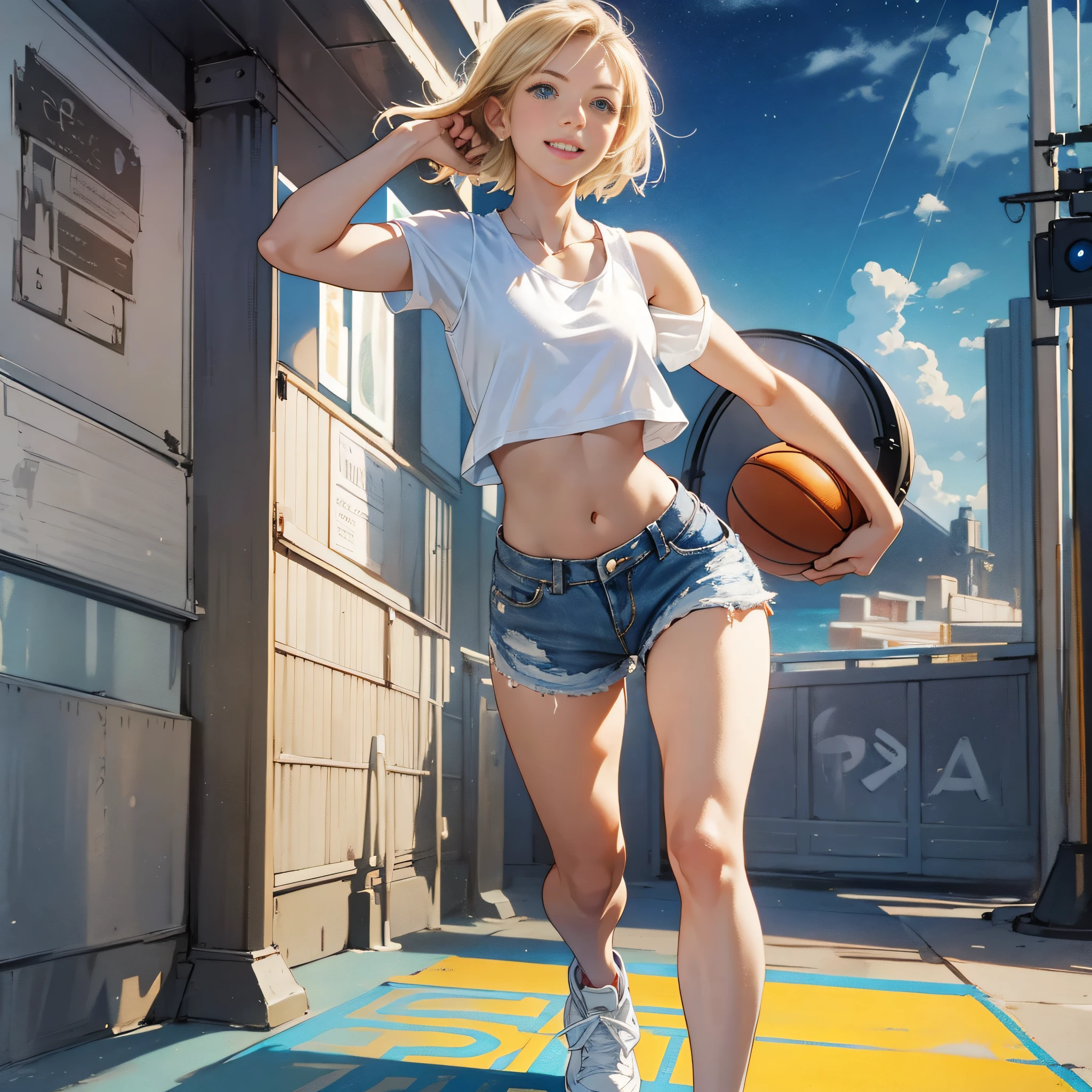 {masterpiece, best quality, extremely detailed CG, unity 8k wallpaper, cinematic lighting}}. A seaside park, 1 girl, full body, A beautiful girl running on an electric scooter, She is stunningly cute, with a smile, short bob hairstyle in golden blonde, blue eyes, double eyelids, long eyelashes, long limbs, She is wearing a white tank top, distressed denim shorts, and white low-cut basketball shoes. Striking an active pose.