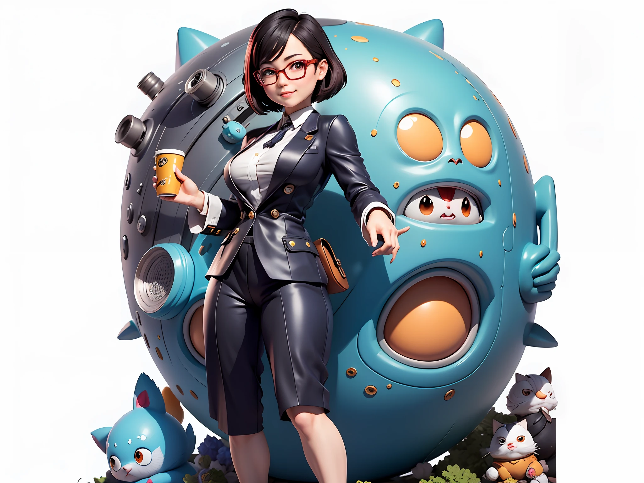 Masterpiece), (Excellent), (Super Meticulous), (Full Body: 1.2), Super Young Woman, Beautiful, Sexy, Bursting, Oriental Face, TV Anchor, Bust Portrait Illustration, Alone, Black Suit, Blue Tie, Silver Glasses, Slightly Chubby Face, Very Clean Face, No Beard, Black Super Short Hair, Black Eyes, Confident Smile, 3c Computer Sub-Products, iPad, iPhone, Digital Painting, 3D Character Design by Akira Toriyama with Mark Claireden and Pixar and Hayao Miyazaki, The illustration is a high-definition illustration in 4K resolution with very detailed facial features and cartoon-style visuals.