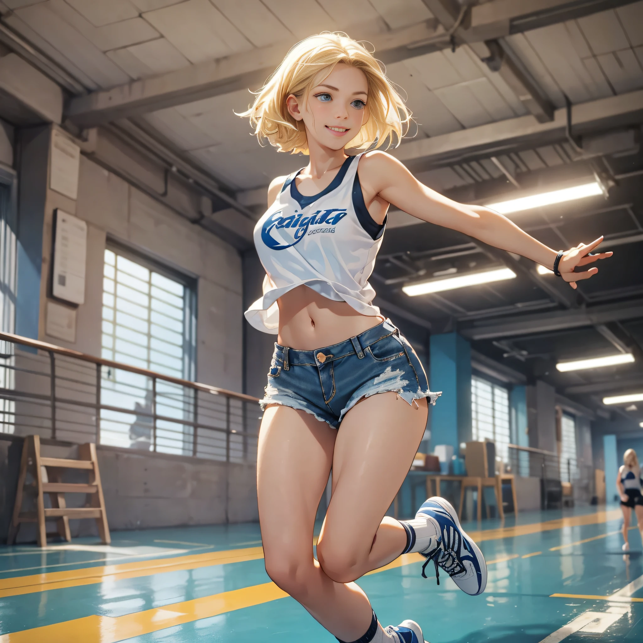 {masterpiece, best quality, extremely detailed CG, unity 8k wallpaper, cinematic lighting}}. A seaside park, 1 girl, full body, A beautiful girl running on an electric kick board, She is stunningly cute, with a smile, short bob hairstyle in golden blonde, blue eyes, double eyelids, long eyelashes, long limbs, She is wearing a white tank top, distressed denim shorts, and white low-cut basketball shoes. Striking an active pose.