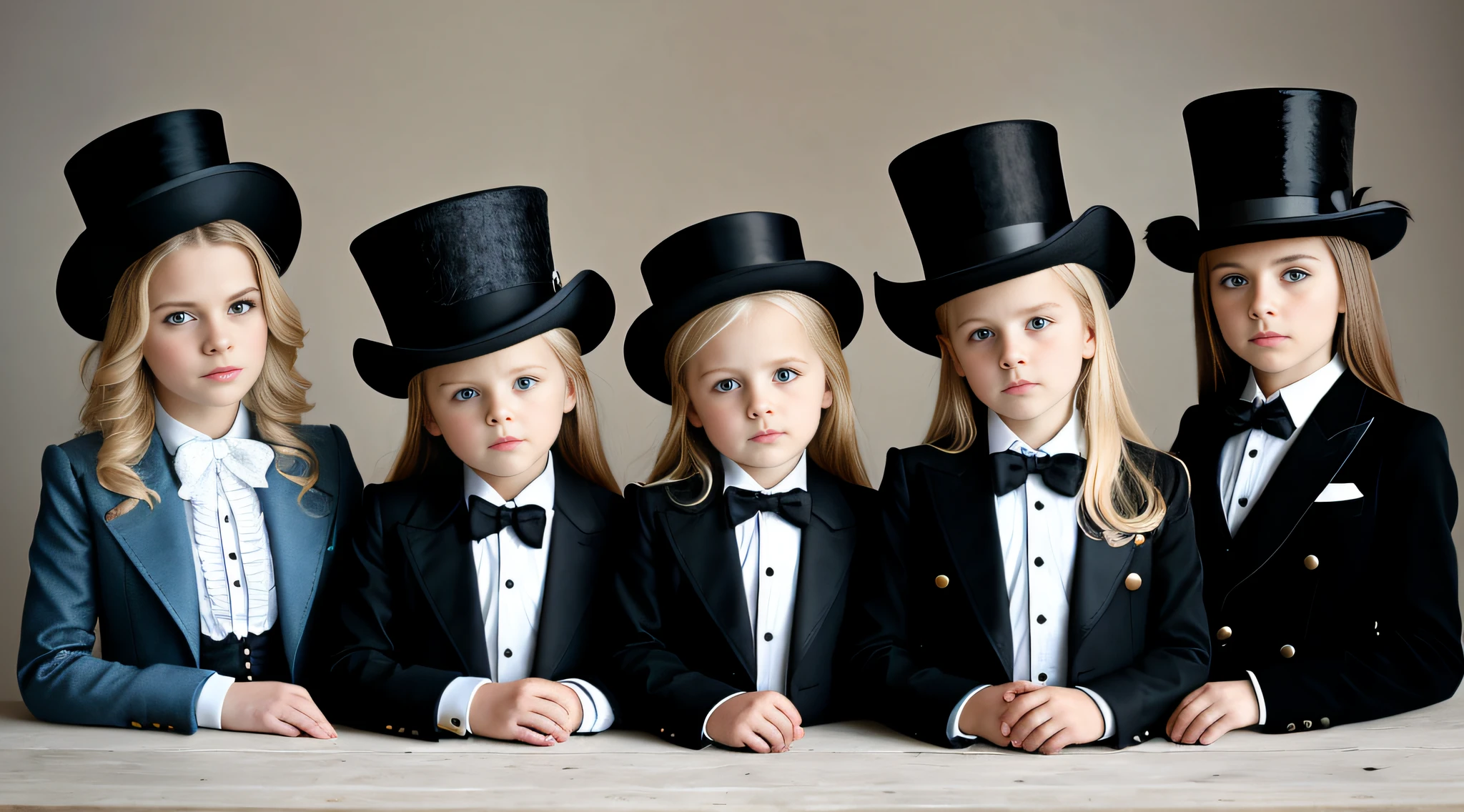 3 girls Russian children with , WITH LONG STRAIGHT HAIR blonde, PORTRAIT STYLE, hat and jacket, Jean DeVille, is wearing a top hat, is wearing a hat, Fedora, tilting his Fedora, Rankin, top hat, Michel Ocelot, promotional image, Mario Testino, promotional photo, profile picture, wearing a top hat, masterpiece, guilt!, with hat, black stetson and coat