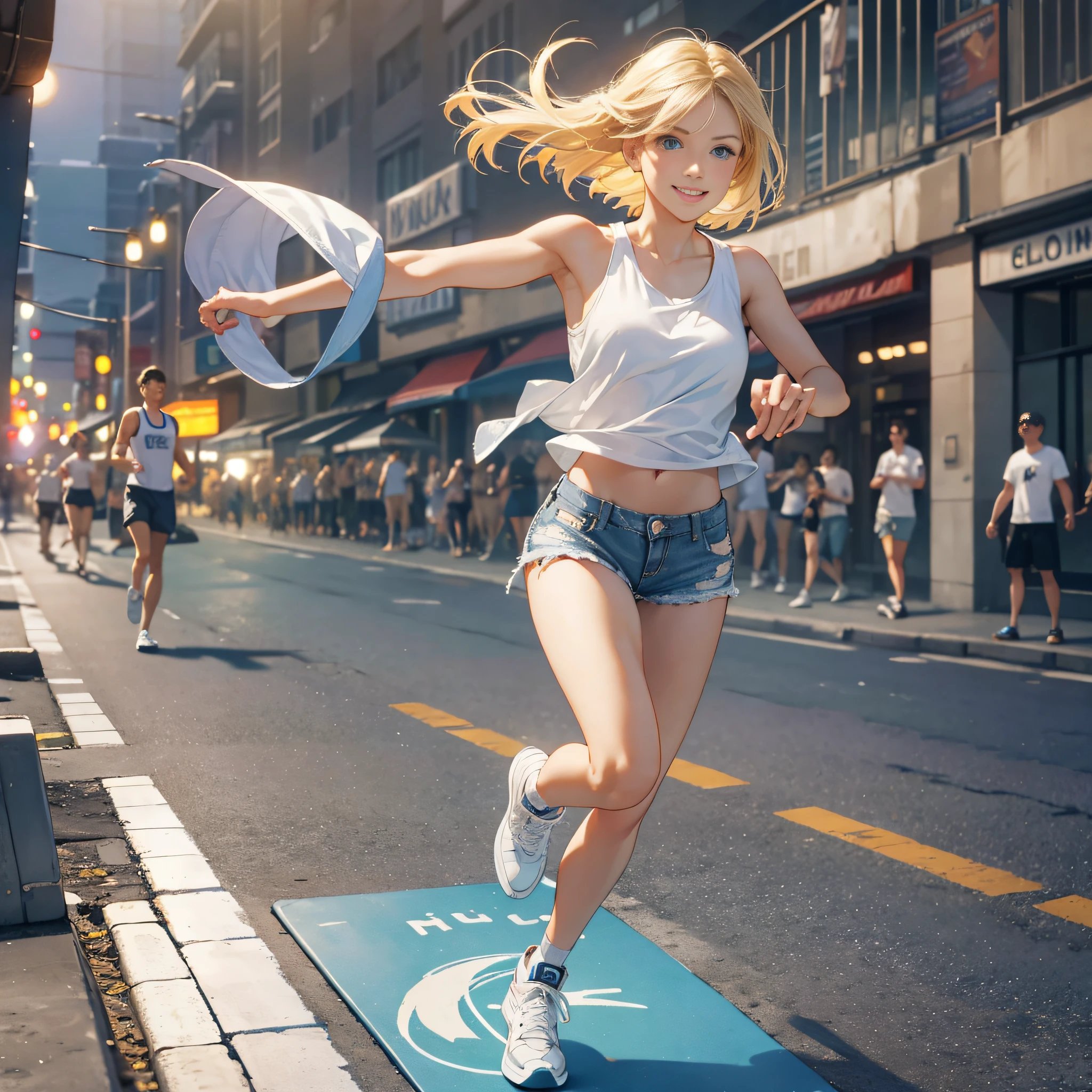 {masterpiece, best quality, extremely detailed CG, unity 8k wallpaper, cinematic lighting}}. A seaside park, 1 girl, full body, A beautiful girl running on an electric kick board, She is stunningly cute, with a smile, short bob hairstyle in golden blonde, blue eyes, double eyelids, long eyelashes, long limbs, She is wearing a white tank top, distressed denim shorts, and white low-cut basketball shoes. Striking an active pose.