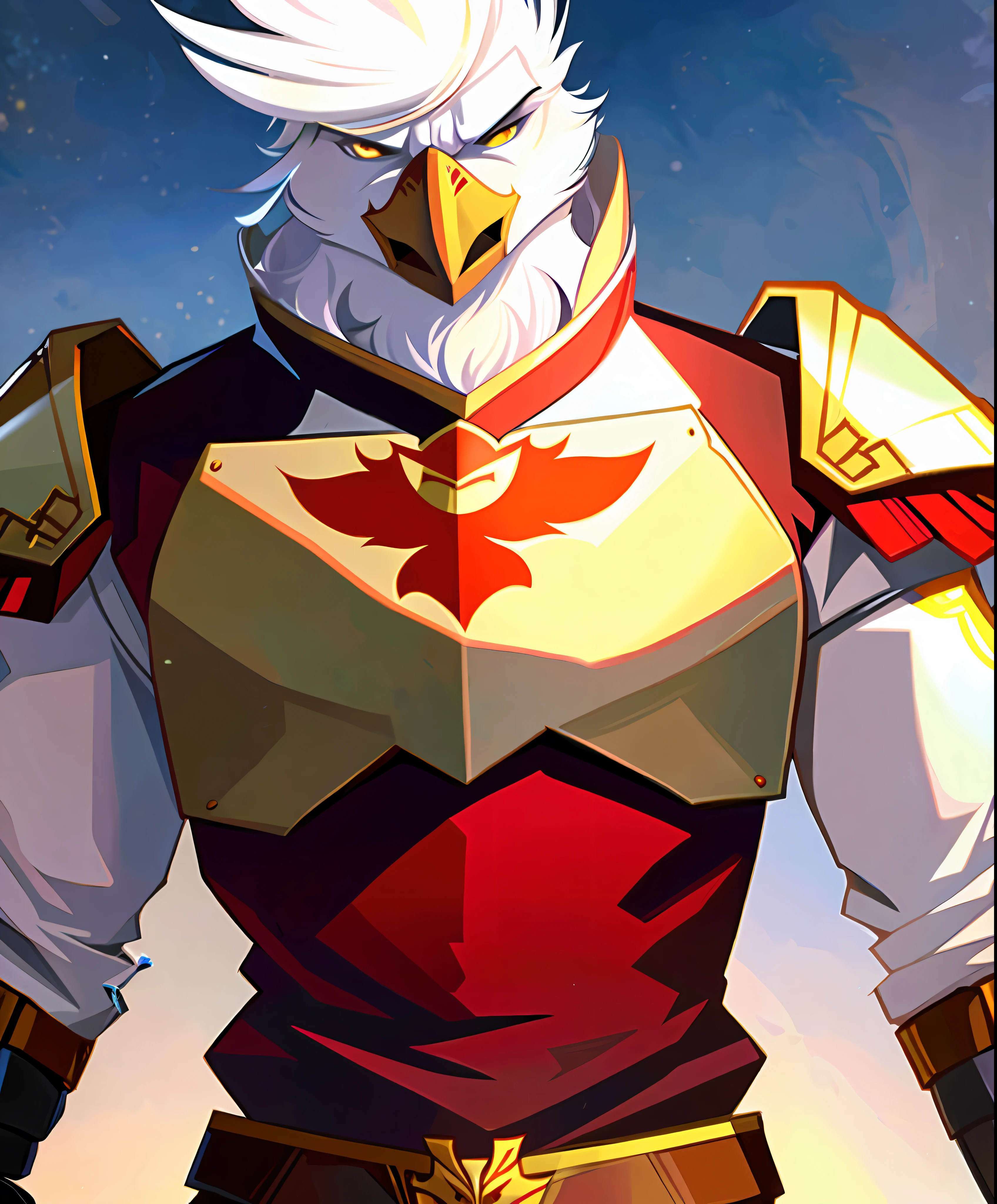 Emperor white eagle, man in armor of gold and jade, with a vengeful look