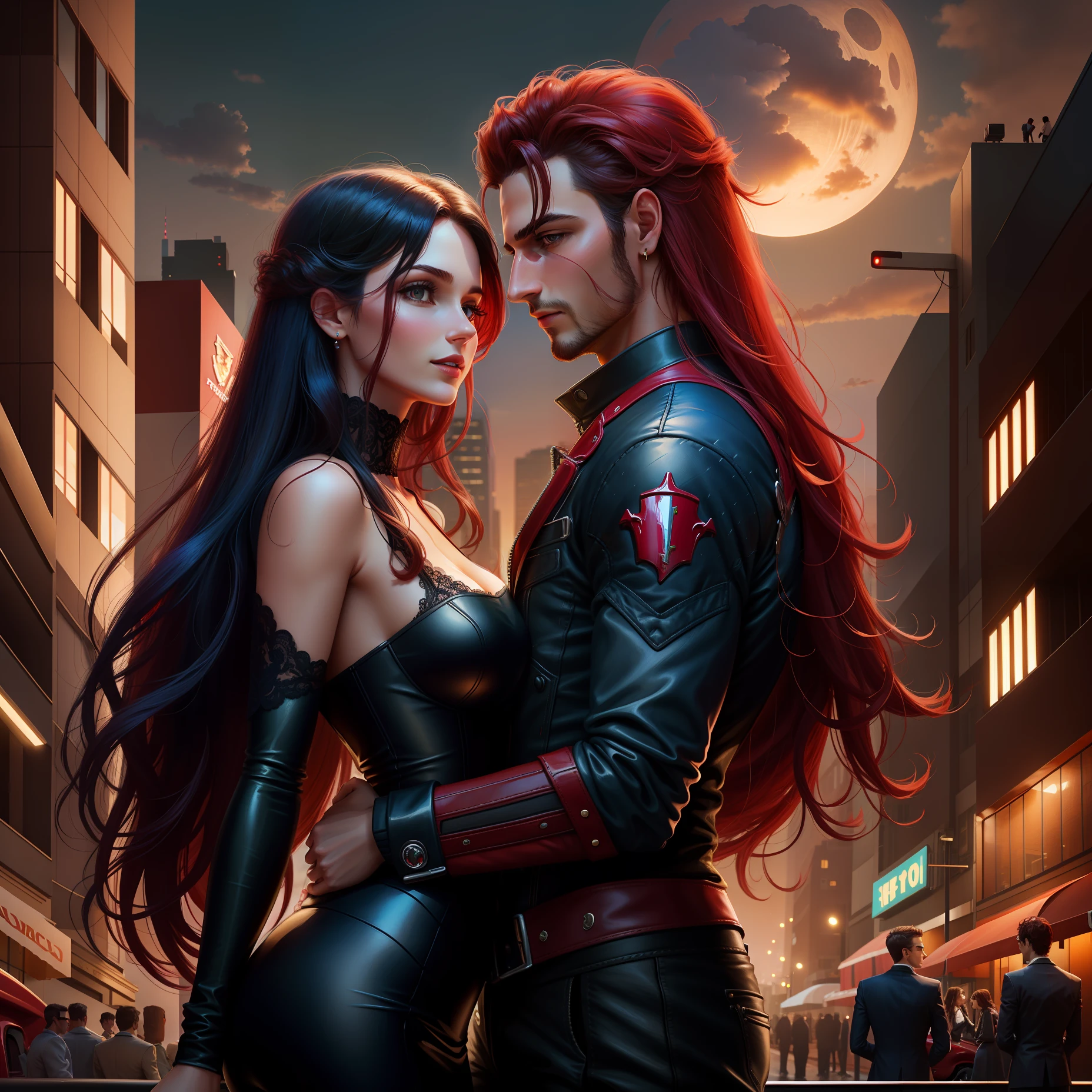 Couple of lovers leaning against a beautiful red ferrari