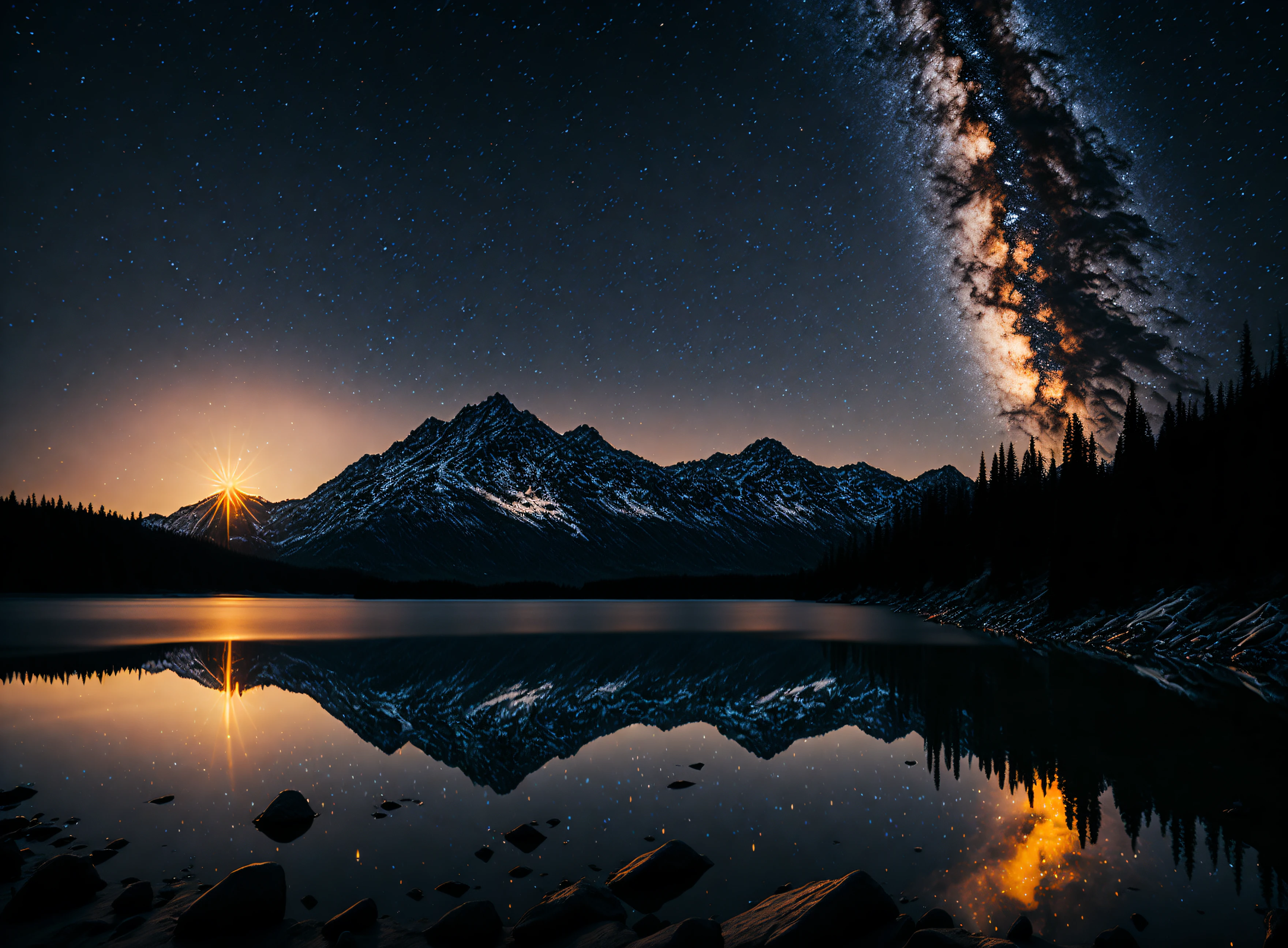 a nude woman, lake, bright sun, lake, glare, illumination, forest and mountains in the distance, the milky way, raw photo,