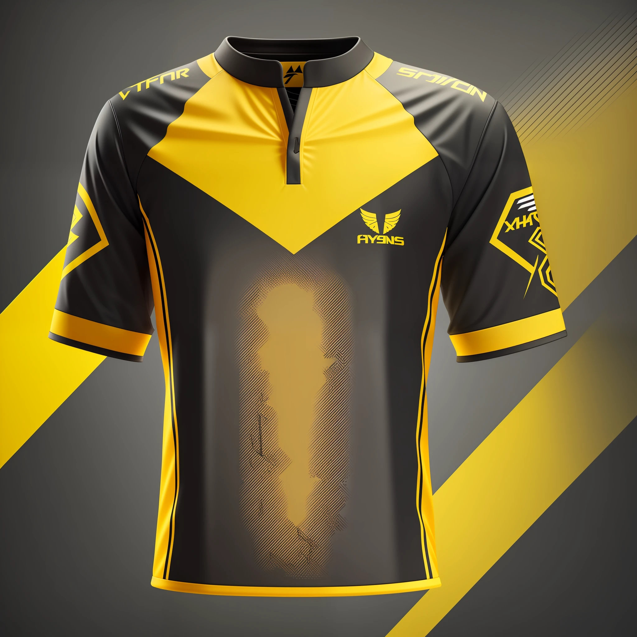 design a e-sports jersey shades of light black e yellow vibrant vector front, hyper realistic rendering, hyper detailed, octane render --auto --s2
