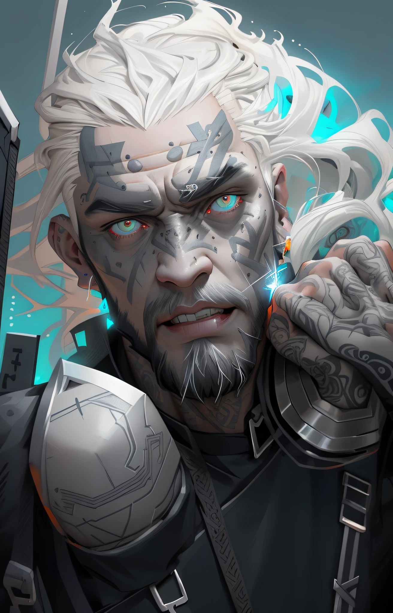 A Viking Nordic man with big hair, Viking haircut, with Nordic tattoos in the range of 27 years old, barbaric muscular stereotype, with horns (part with axe on his back and wolf skin, fighting, dark bright neon all-white eyes, Nordic hair with demonic horns, tight torn supersuit, in a destroyed Nordic city, smoke and fire, Aura of Bright Power, Dynamic Pose, Dynamic Vision, Hyper Detailed, 8K Quality, With Tattoos, Nordic Symbols On Headset, Merge, Hyper Realism, Ultra Realism, With Thorns Coat viking.Com Gray Goatee And Gray Hair, Bright Neo, Neo Lights On The Phone, Nordic Symbols, Man With Orange Skin Color With Neon Tattoos