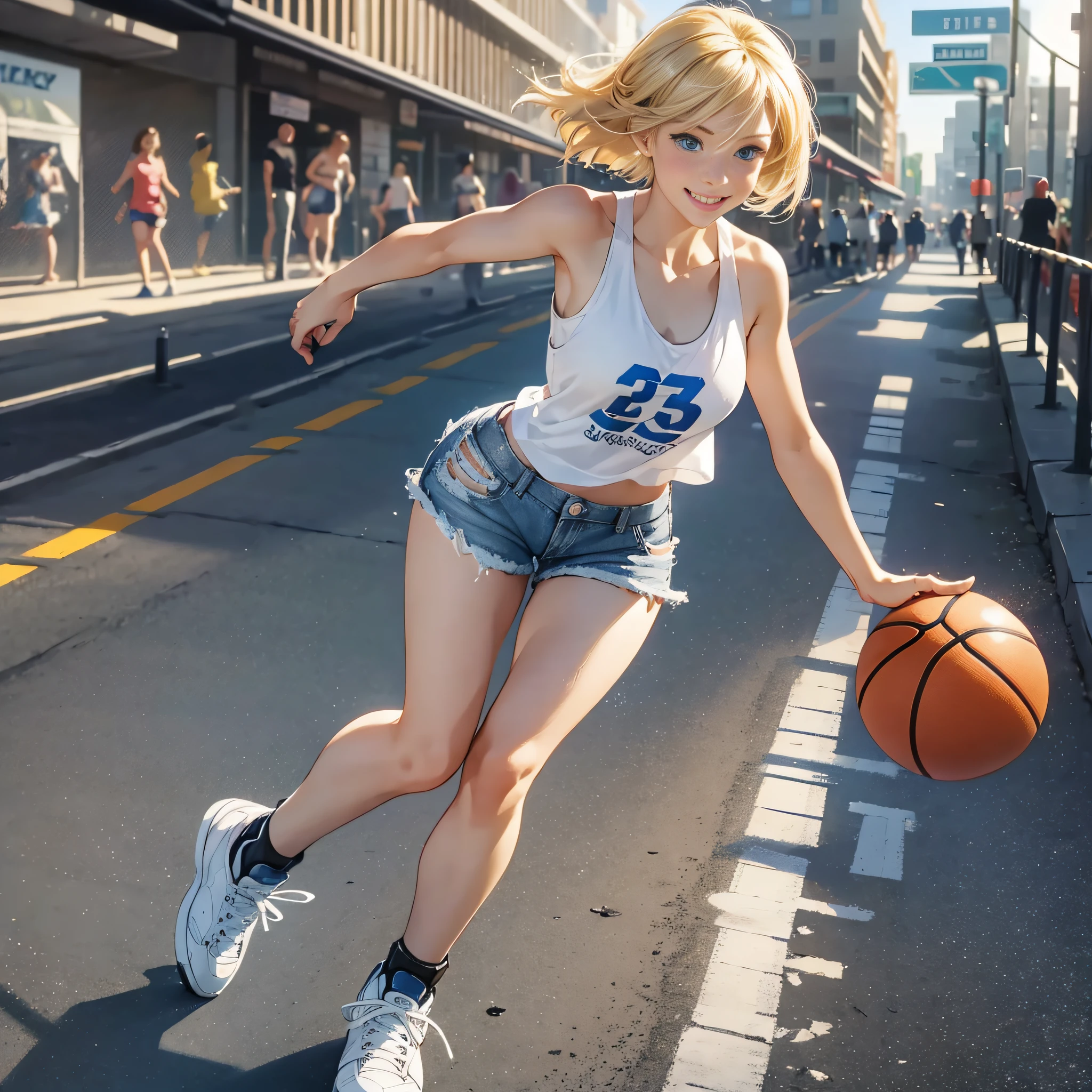 {masterpiece, best quality, extremely detailed CG, unity 8k wallpaper, cinematic lighting}}. design art, A seaside park, 1 girl, full body, A beautiful girl running on an electric kick board, She is stunningly cute, with a smile, short bob hairstyle in golden blonde, blue eyes, double eyelids, long eyelashes, long limbs, She is wearing a white tank top, distressed denim shorts, and white low-cut basketball shoes. Striking an active pose.
