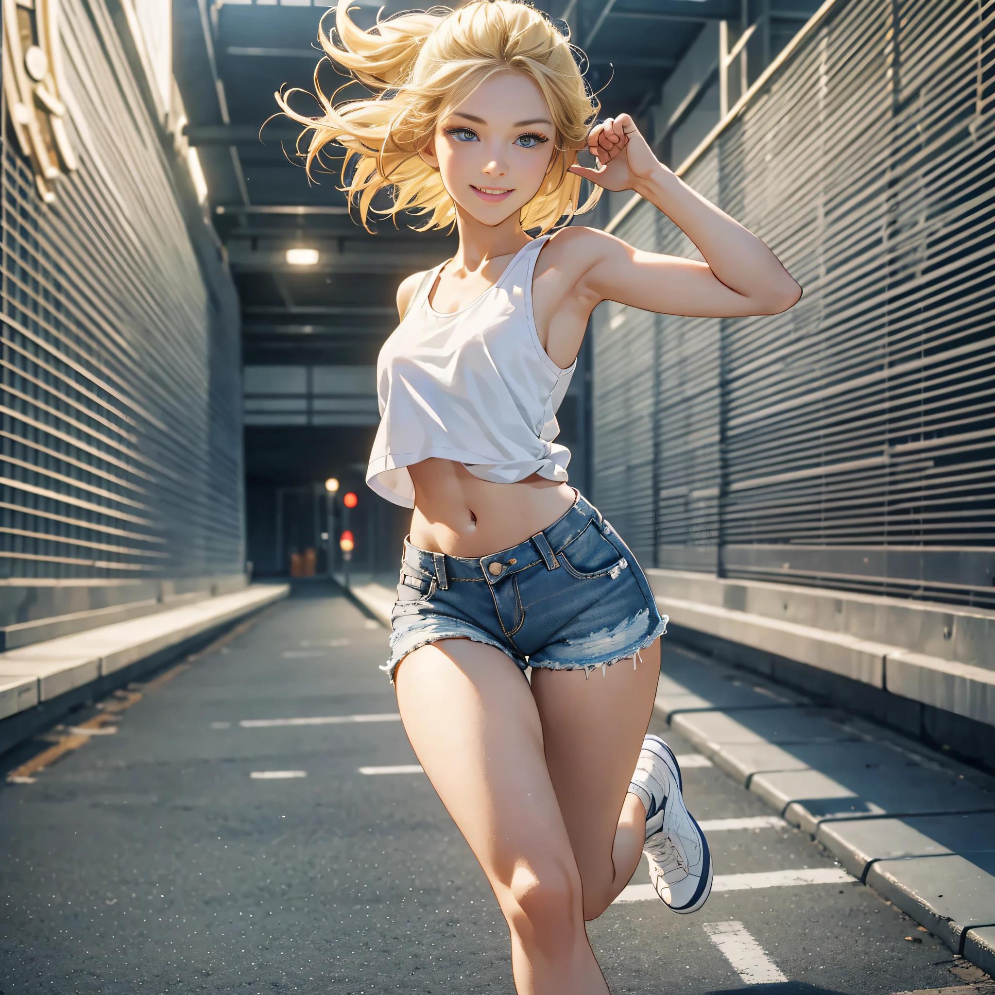 {masterpiece, best quality, extremely detailed CG, unity 8k wallpaper, cinematic lighting}}. design art, A seaside park, 1 girl, full body, A beautiful girl running on an electric kick board, She is stunningly cute, with a smile, short bob hairstyle in golden blonde, blue eyes, double eyelids, long eyelashes, long limbs, She is wearing a white tank top, distressed denim shorts, and white low-cut basketball shoes. Striking an active pose.
