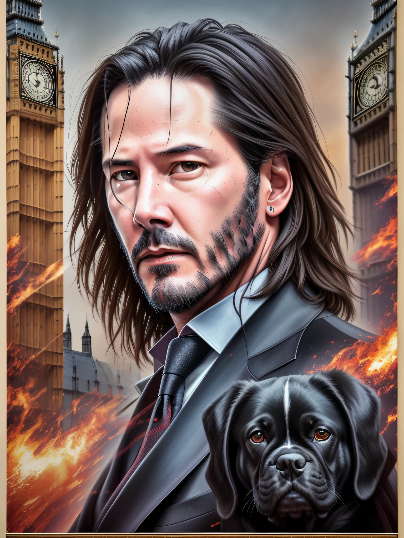 Keanu Reeves as John Wick walking with black French bulldog, (London Big Ben:1.2), vhs effect, (poster:1.6), poster on wall, nostalgia, movie poster, portrait
(skin texture), intrinsically detailed, fine, hyper-detailed details, raytracing, subsurface scattering, diffuse soft lighting, shallow depth of field, by Oliver Wetter,
 Intricate, High Detail, Sharp Focus, Dramatic, Photorealistic Painting Art